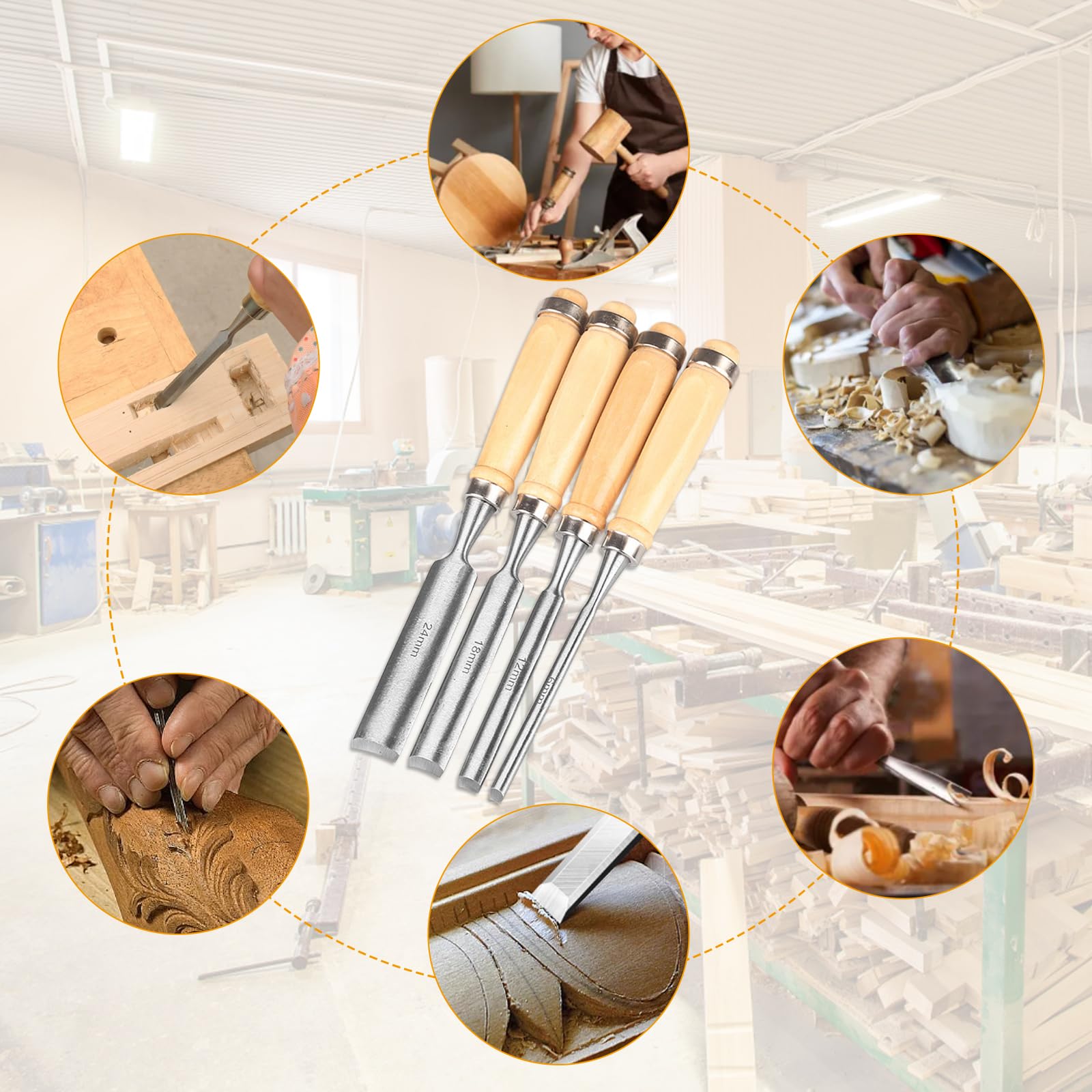 Set di 4 scalpellini per legno, rotondi, curvi, in acciaio CR-V, bordo semicircolare da 8 mm, 12 mm, 18 mm, 24 mm, per lavori manuali (bordo interno)