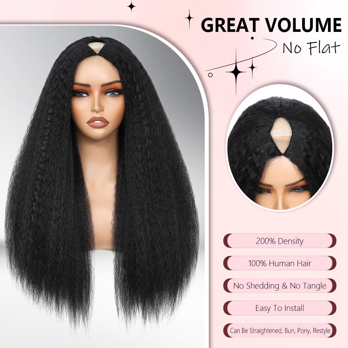 V Part Wig Human Hair Kinky Straight Human Hair Wig Upgrade Glueless U Part Human Hair Wig with Drawstring Half Wigs for Women No Leave Out No Sew In 200% Density Natural Black Color 20 Inch