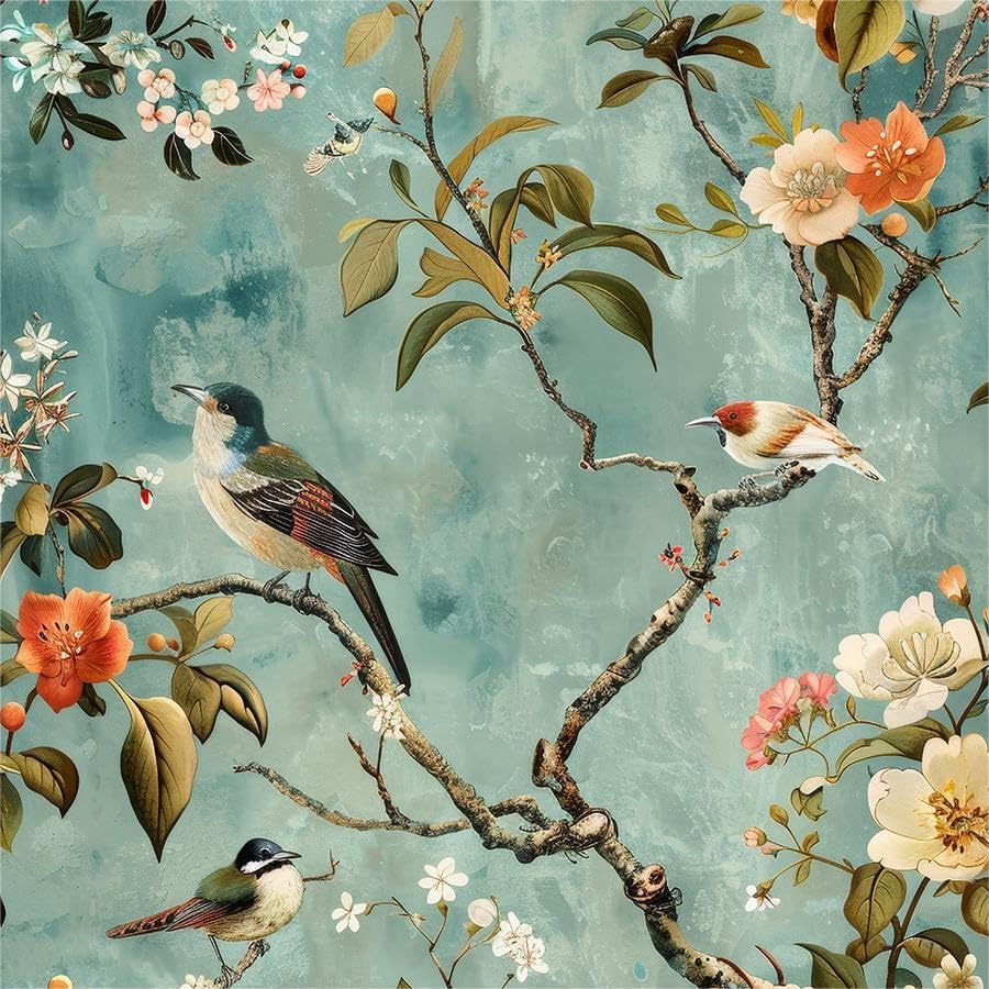Light Blue Green Vintage Bird Cream Orange Flowers Peel and Stick...