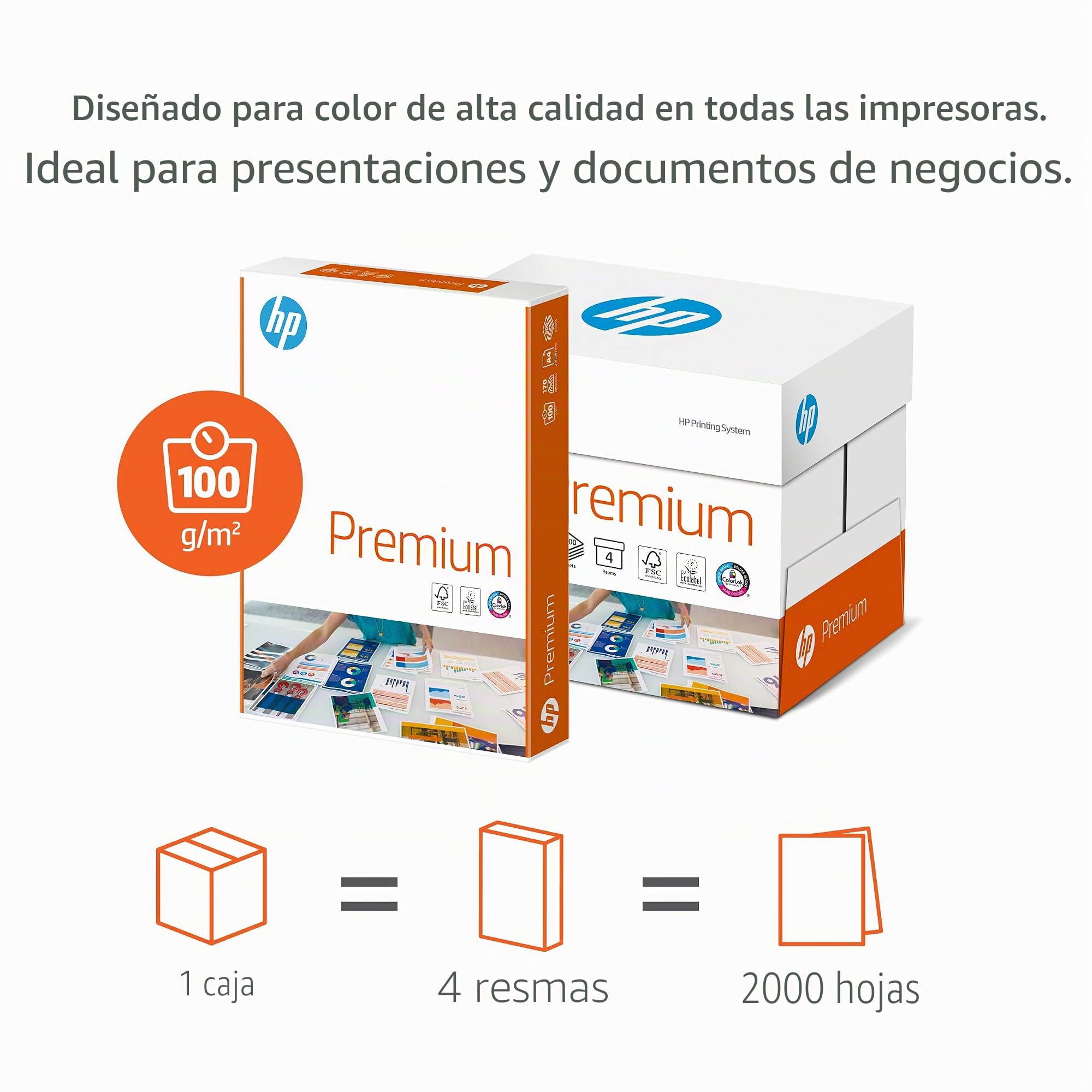 HP PAPERS PREMIUM, Papel superior de alta blancura, A4, 100 g/m2, caja 4 paquetes (2000 hojas) (94297)