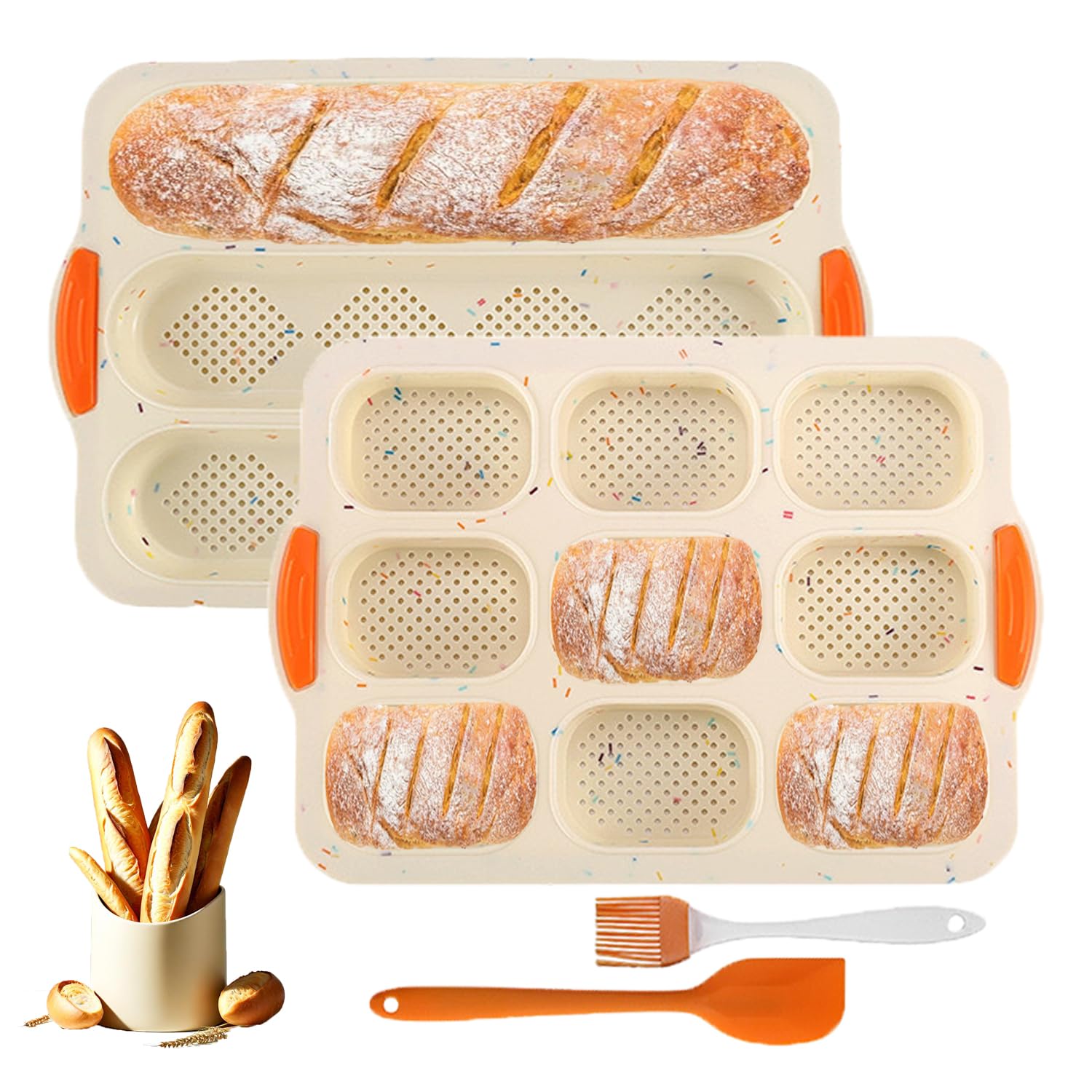 CJQINGRUN Silicone Baguette Bread Pan & Hamburger Bun Pan Set (3+9 Cavity), Nonstick French Bread Baking Mold w/Scraper & Brush, Dishwasher Safe Roll Pan for Hot Dog Buns, Hoagies