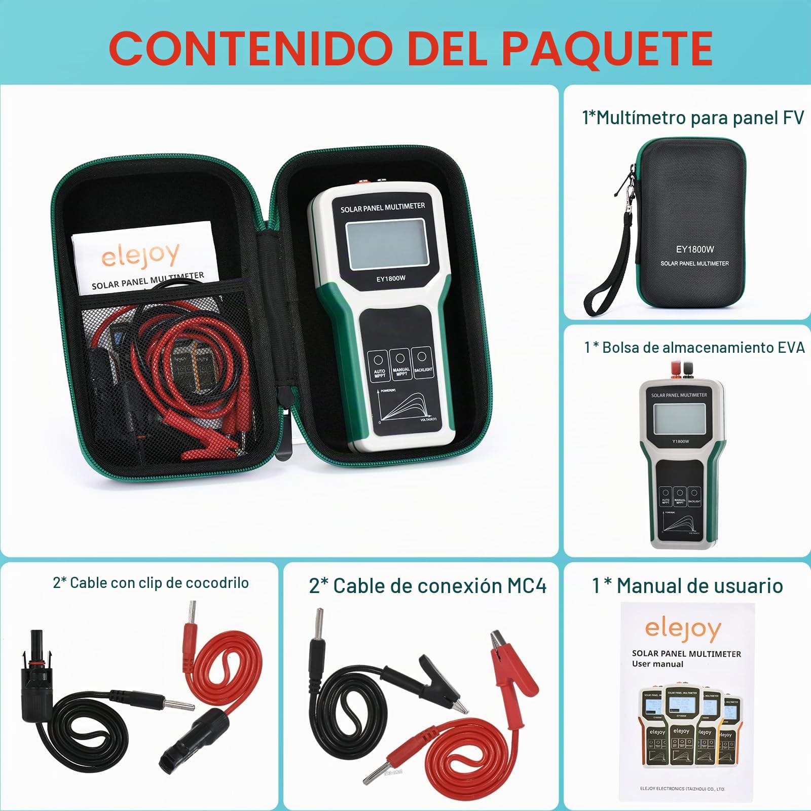 Multímetro para paneles solares de 1800 W, medidor de potencia fotovoltaica MPPT con retroiluminación LCD, detección automática/manual, mide voltaje de circuito abierto y punto de máxima potencia.