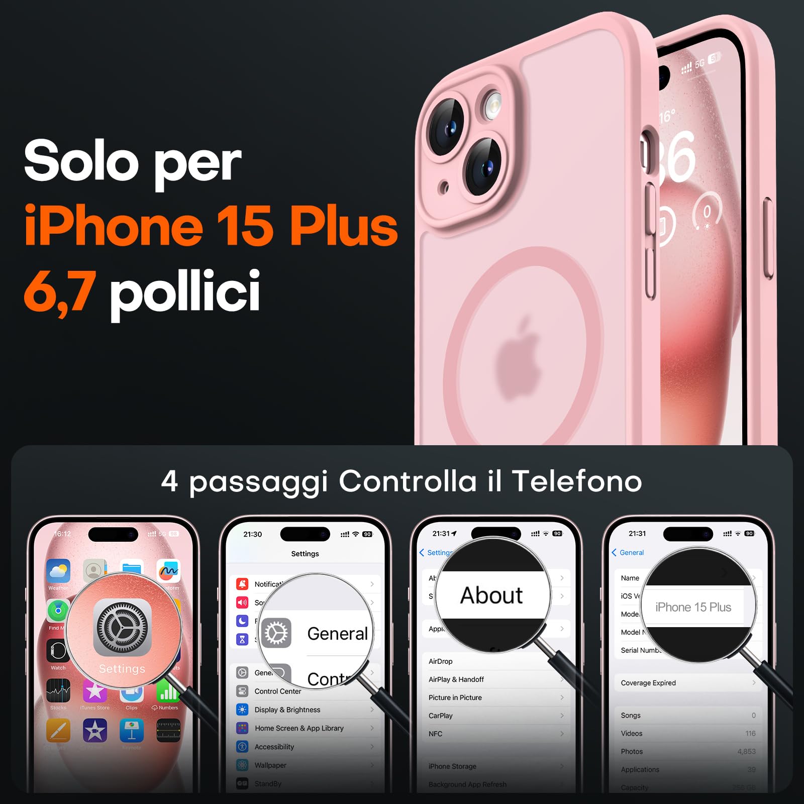 TOCOL Cover Magnetica per iPhone 15 Plus 6,7 Pollic, Compatibile con MagSafe, Protezione Fotocamera Integrata, Custodia Antiurto Traslucida Opaca, Rosa Chiaro