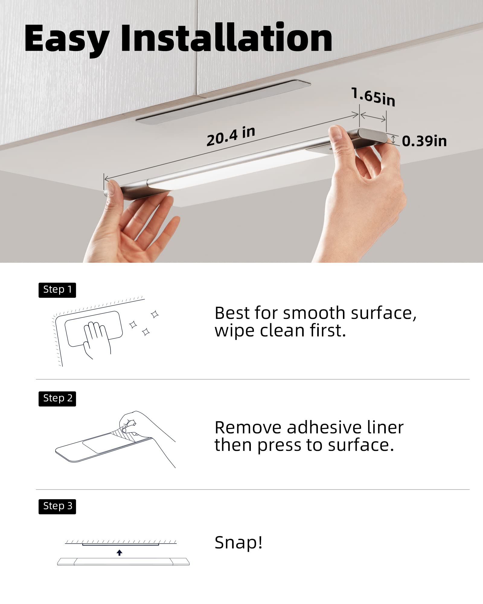 EZVALO Bezprzewodowe oświetlenie szafy, 38 cm, 2200 mAh, zdejmowany akumulator, lampa podszafkowa LED, 3 temperatury barwowe, możliwość ściemniania, oświetlenie szafy z czujnikiem ruchu, do szafy na