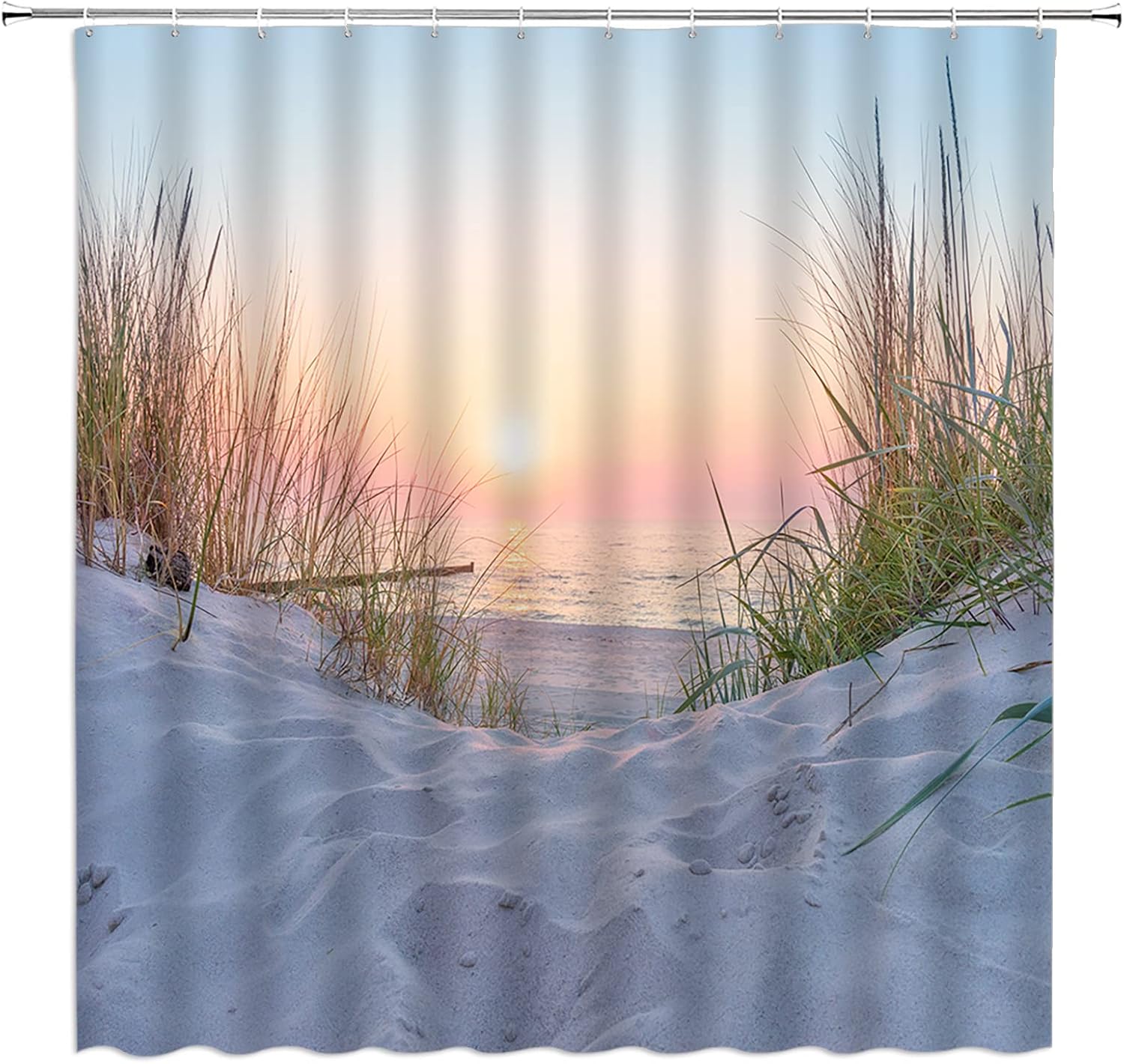 Beach Sunrise Shower Curtain Tropical Ocean Coastal Hawaii Seaside Summer Sunset Sea Pastel Tones Natural Scenery Fabric Bathroom Decor with Hook（70" Wx78 H）