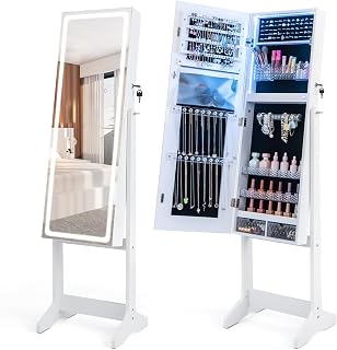 IYUESQ Armario de joyería de pie con Luces LED, Organizador de Almacenamiento con Espejo de Cuerpo Entero, Colores de luz y Temperatura Ajustables, gabinete de joyería con Cerradura