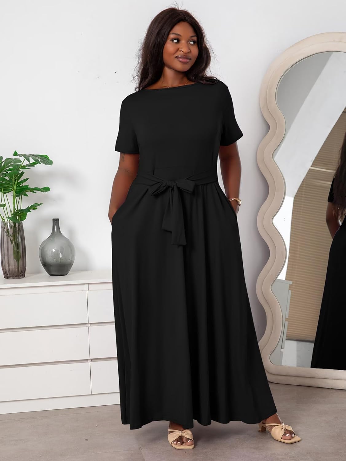 Plus Size Dresses for Curvy Women Soft Comfy Stretchy Short Sleeve High Waist Self Tie Flowy Pleated Maxi Dress - Image 2