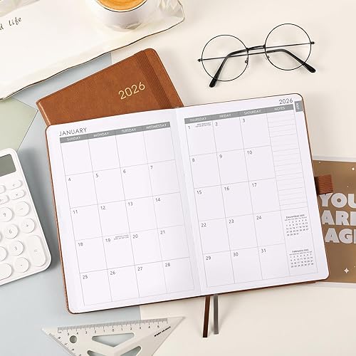 Miniatura 8 de Agenda 2026, agenda semanal y mensual 2026, enero de 2026 a diciembre de 2026, 5.7 x 8.4 pulgadas, papel grueso, cubierta de cuero, soporte para