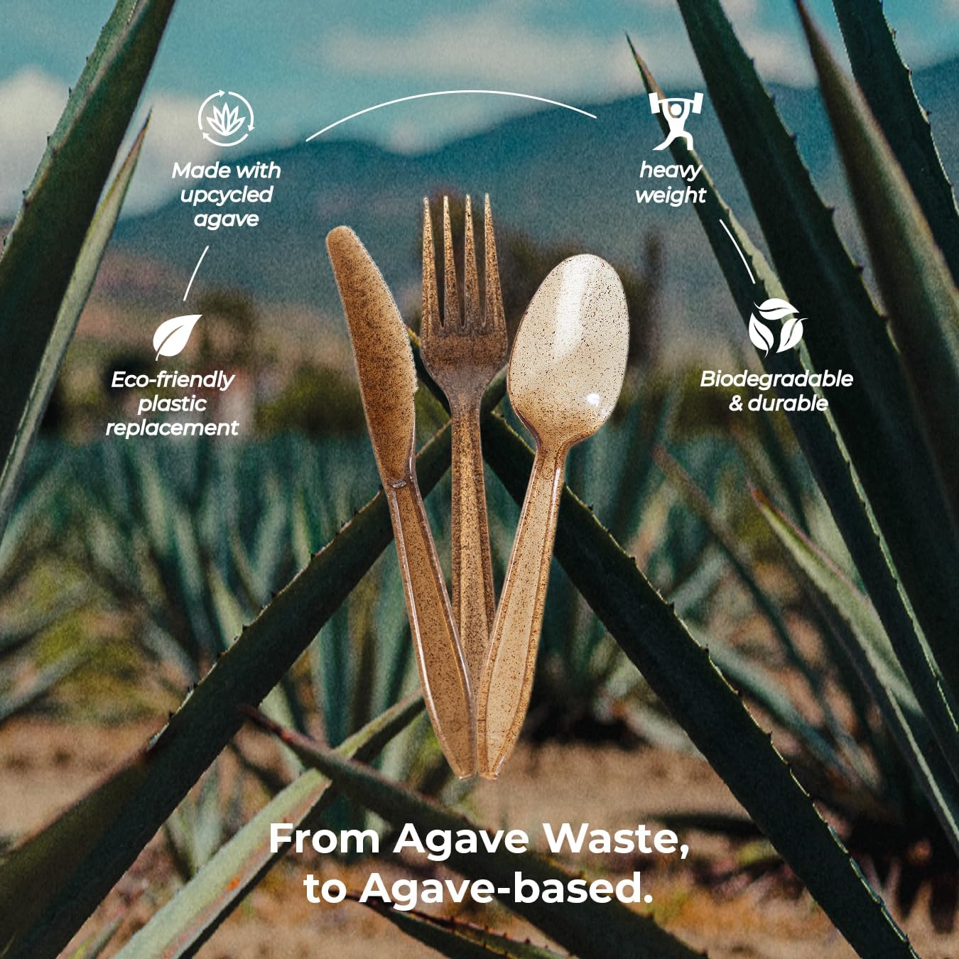 Sustainable Agave Co – Agave Fiber Cutlery Set – 200 Biofilm Wrappped Sets / 600 Pieces – Biodegradable, Plant-Based, Made With Upcycled Materials – Bulk Brown Forks, Knives & Spoons Variety Pack