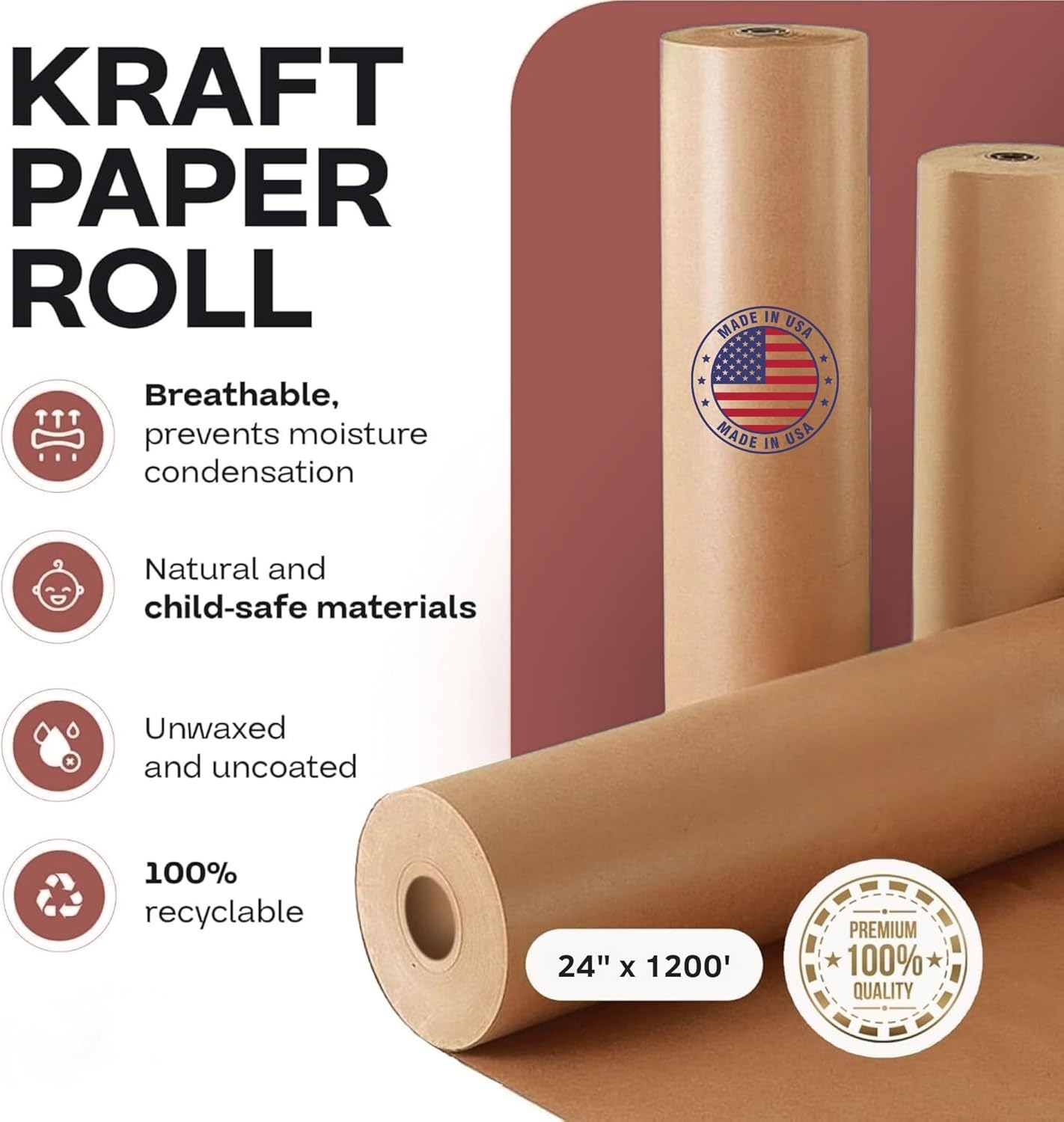 (24" x 1200 feet) Natural Kraft Paper | Large Recycled Brown Kraft Packing Paper Roll for Packaging, Shipping, Void Filling, and Kids' Art Projects