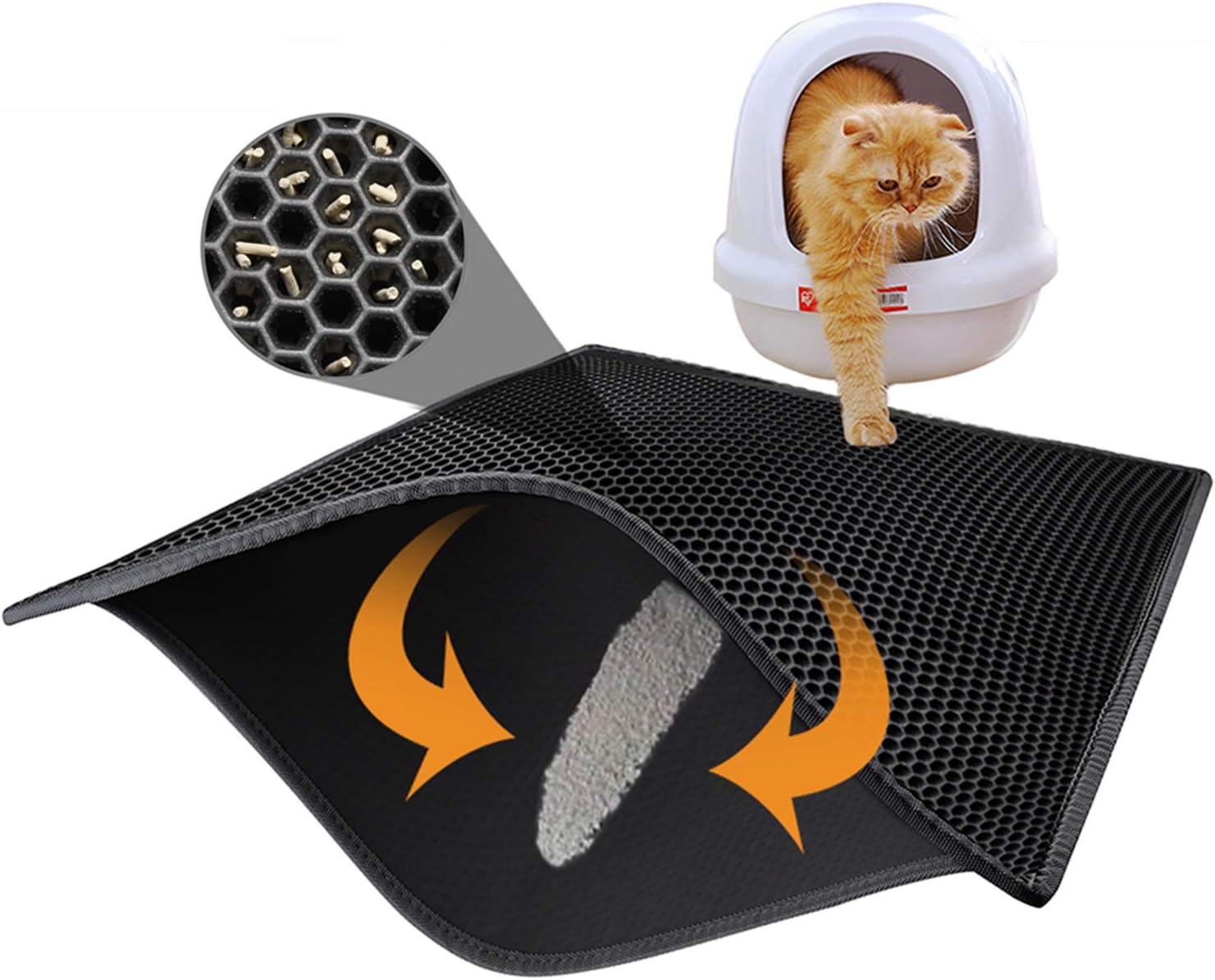 Cat Litter Mat Litter Tray Mat of Large Size Double Layer Honeycomb Large Holes Design EVA Material Non-BPA, Soft on Paws and Washable (76X61cm Black)