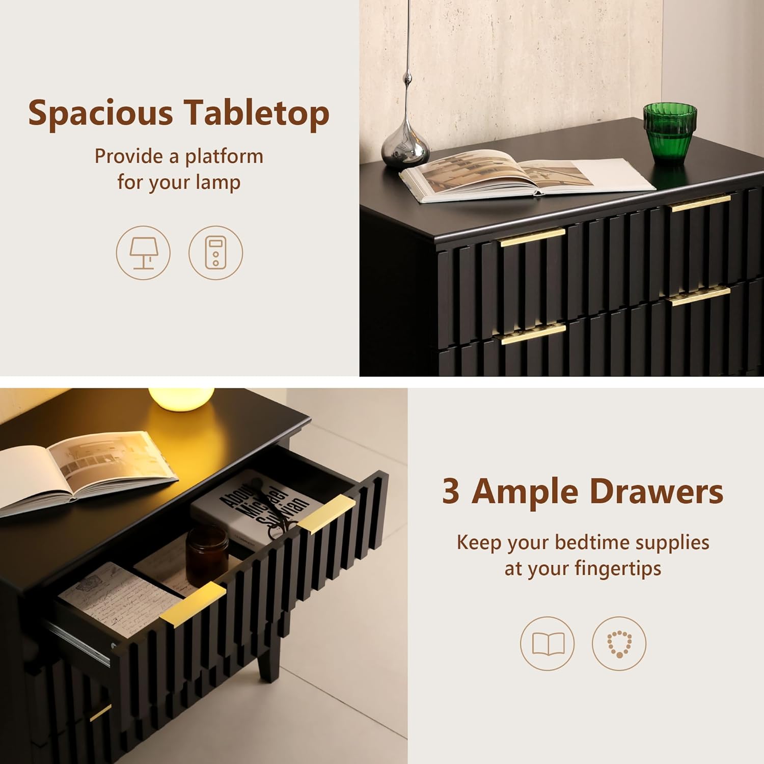 LAZZO 3 Drawer Nightstand Fluted Nightstand Oversized Bedside Table Tall Side Tables Large Night Stand with Storage,Gold Metal Handles and Painted MDF Surface for Bedroom Black