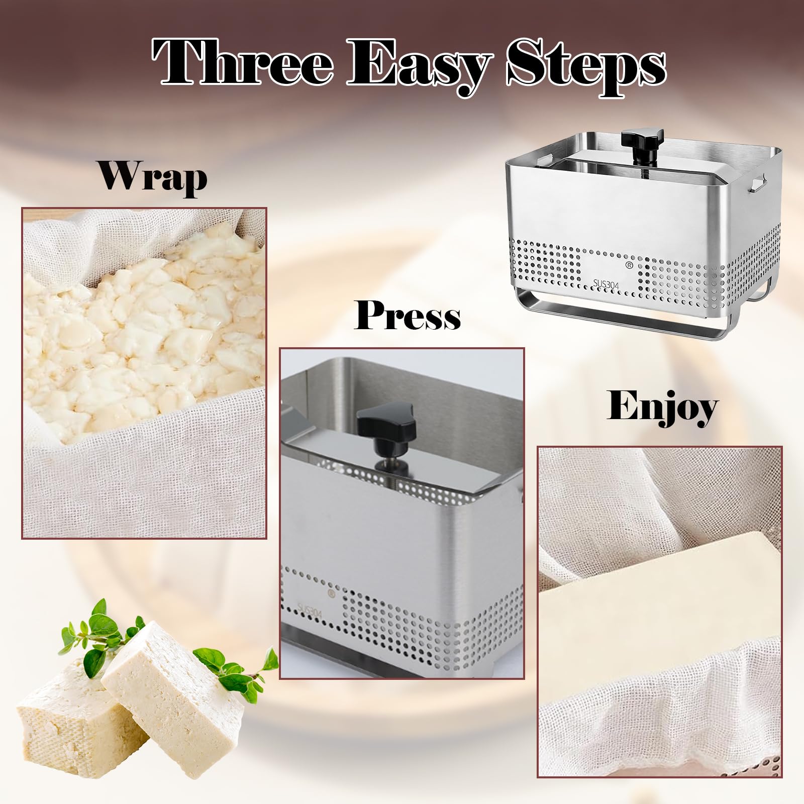 DAJAVE Tofupresse 304 Edelstahl, Tofupresse & Käsepresse & Tofu Maker （16x12x10.5CM), Edelstahl Tofu Presse Sicher und Einfach zu Bedienen Fleischpresse