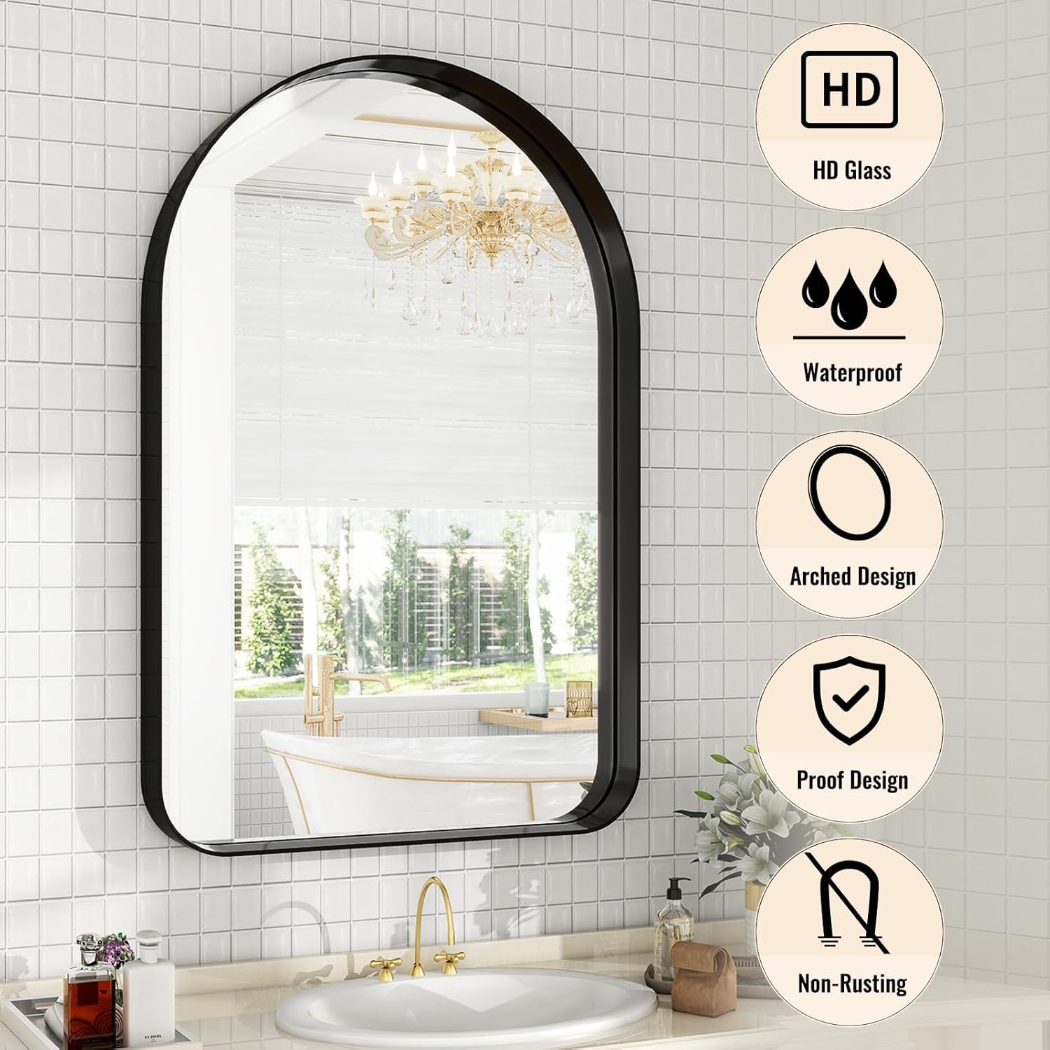 38"x26" Arched Bathroom Mirror - Modern Black Mirror for Wall with Rounded Corners, Bathroom Mirror for Vanity, Aluminum Alloy Framed Mirror - for Living Room, Bedroom, Cloakroom - Image 3