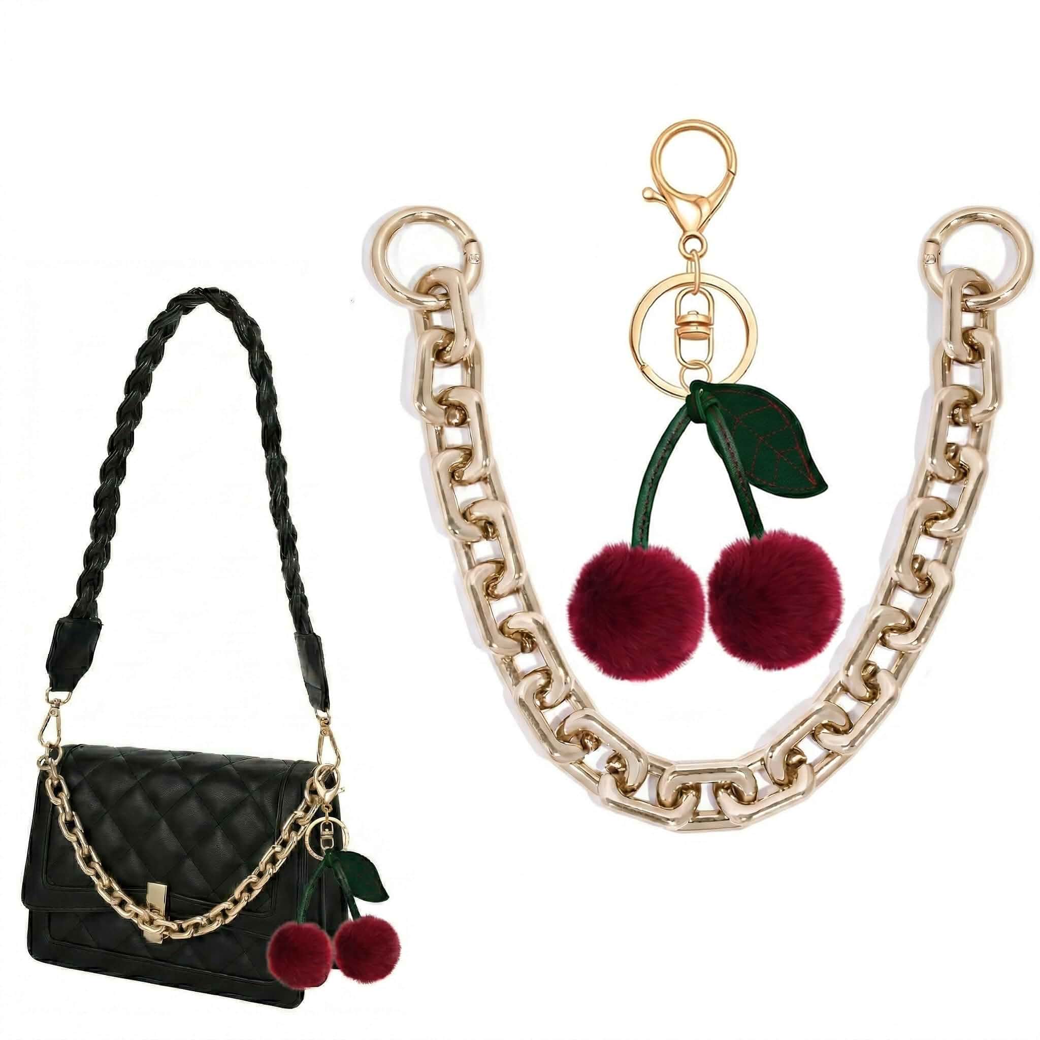 XYIYMXGG Heavy Chunky Gold Chain Purse Strap with Cute Plush Cherry Charm