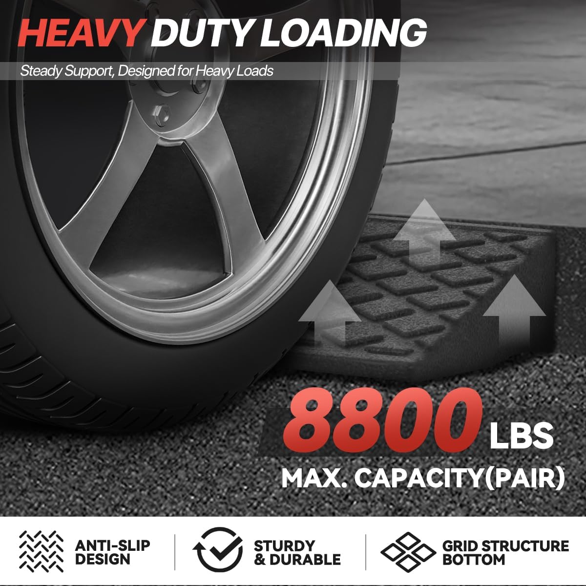 Heavy-Duty Rubber Curb Ramp with Anti-Slip Surface, 4-Ton Capacity, Ideal for Driveways, Garages, Docks, and Parking Lots, 38.6''L x 5.9''W x 2''H Overall dimensions of 38.6''L x 5.9''W x 2''H