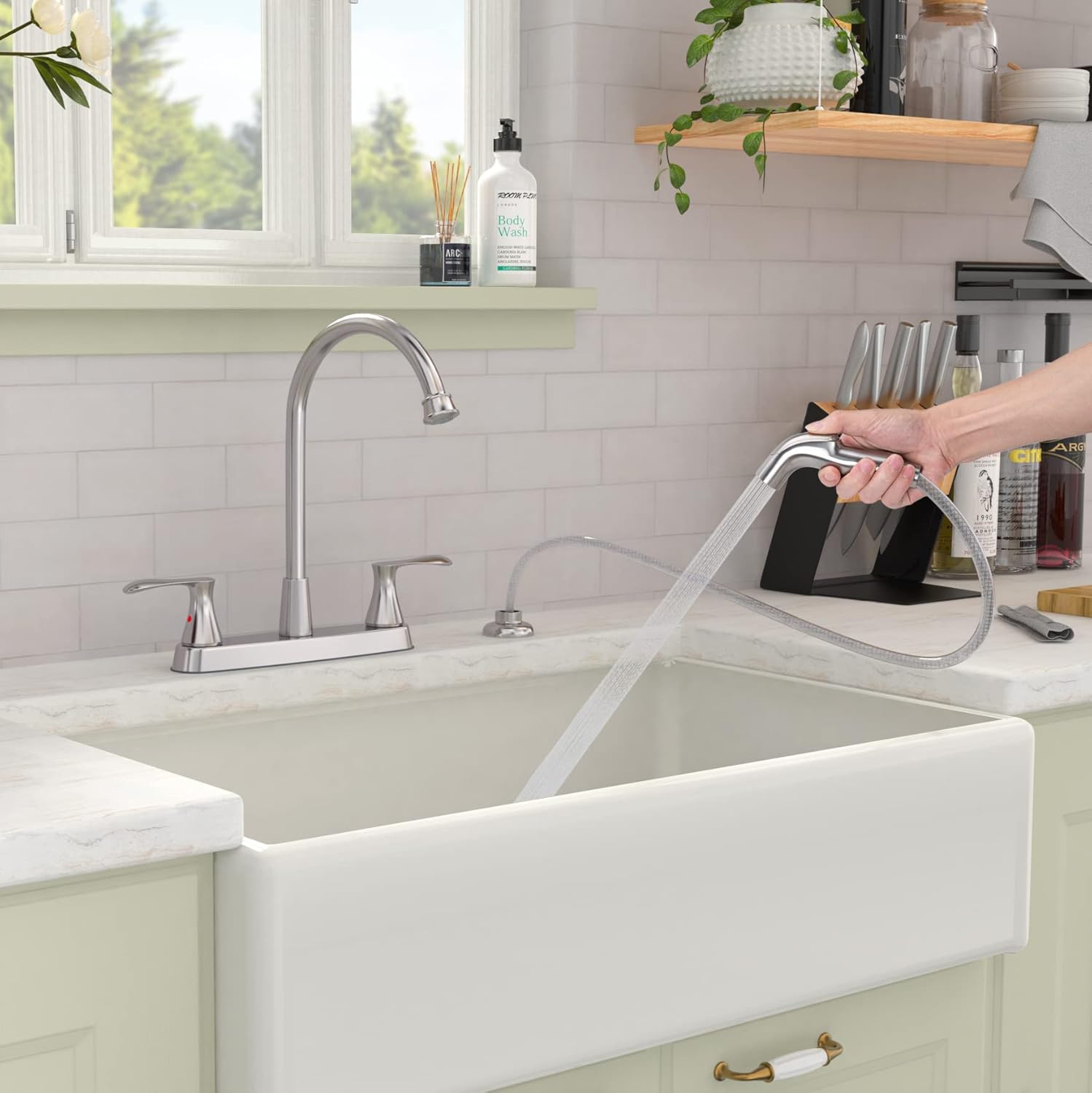 Brushed Nickel Kitchen Sink Faucet with Side Sprayer, Two Handle High Arc 4 Holes 8 Inch Centerset Stainless Steel Kitchen Sink Faucet with Pull Out Sprayer,Grifos De Cocina