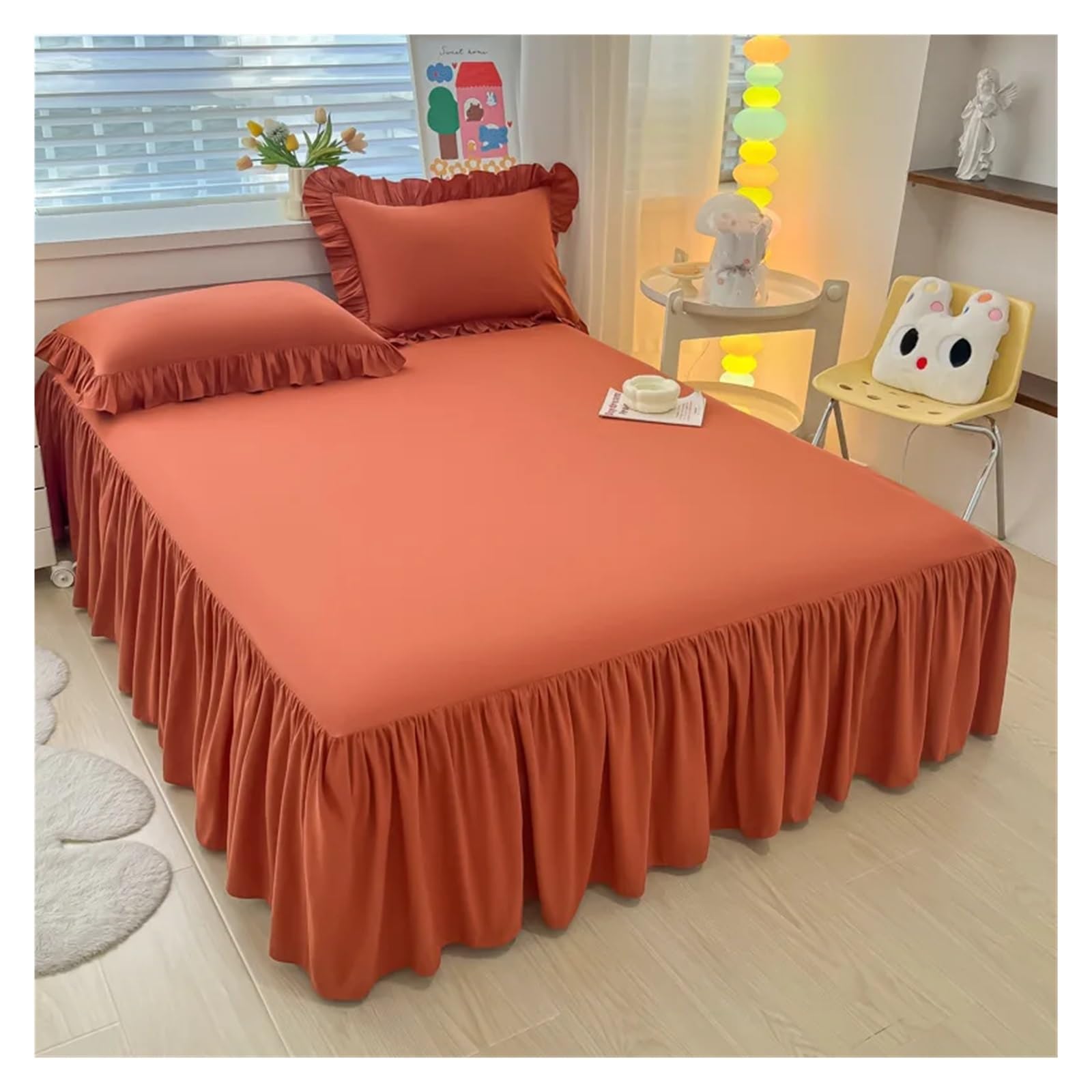 Elegant Princess BedSkirt Non-slip Mattress Cover Ruffled Lace Bedsheet Bed Cover Protector Home Bedspread Bed Skirt(Orange,1 pc skirt 180x200cm)