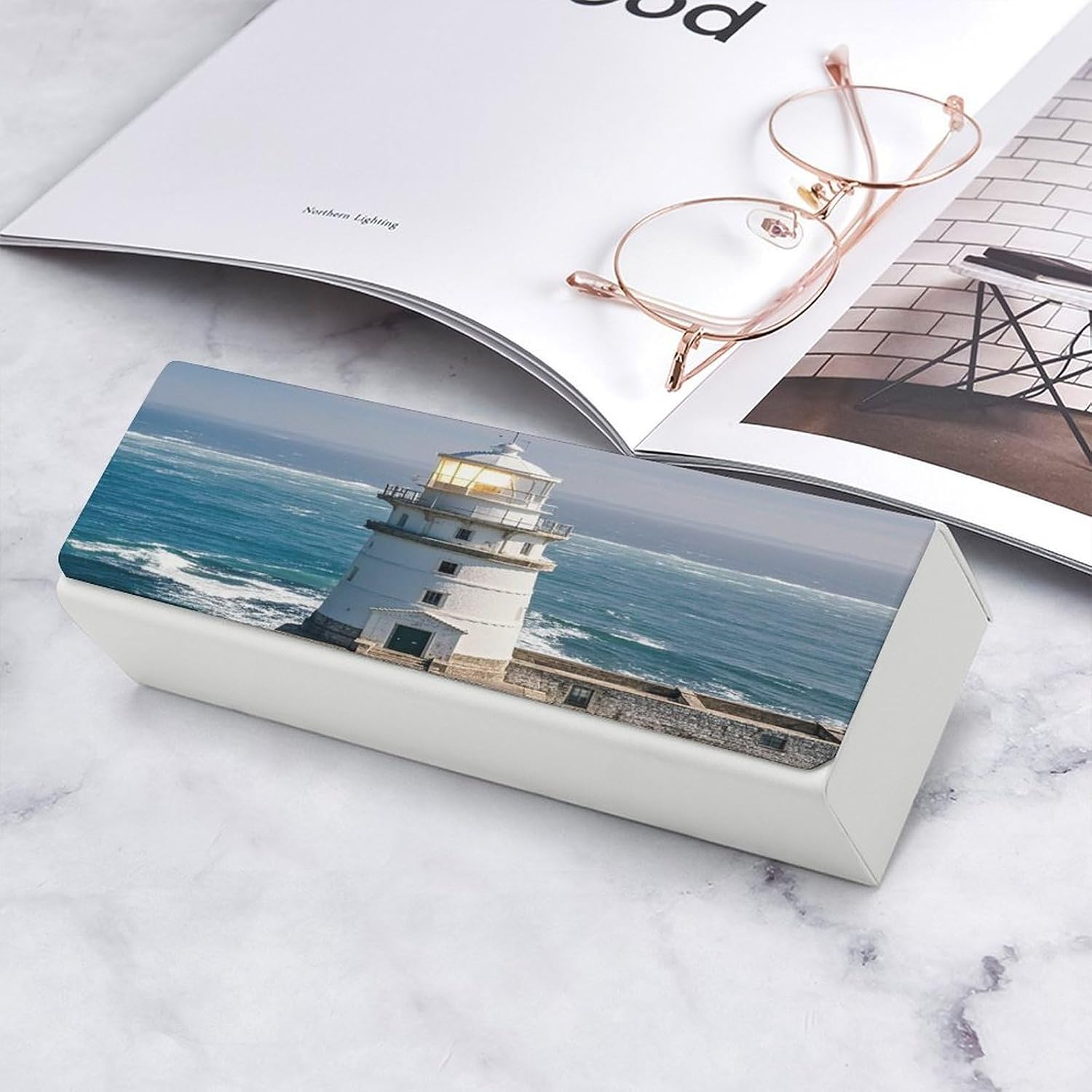 Lighthouse Sandbeach Eyeglasses Case Hard Shell for Men Women PU Leather Eyeglass Cover Fashionable Travel Sunglasses Cases Portable Reading Glasses Cover with Cleaning Cloth