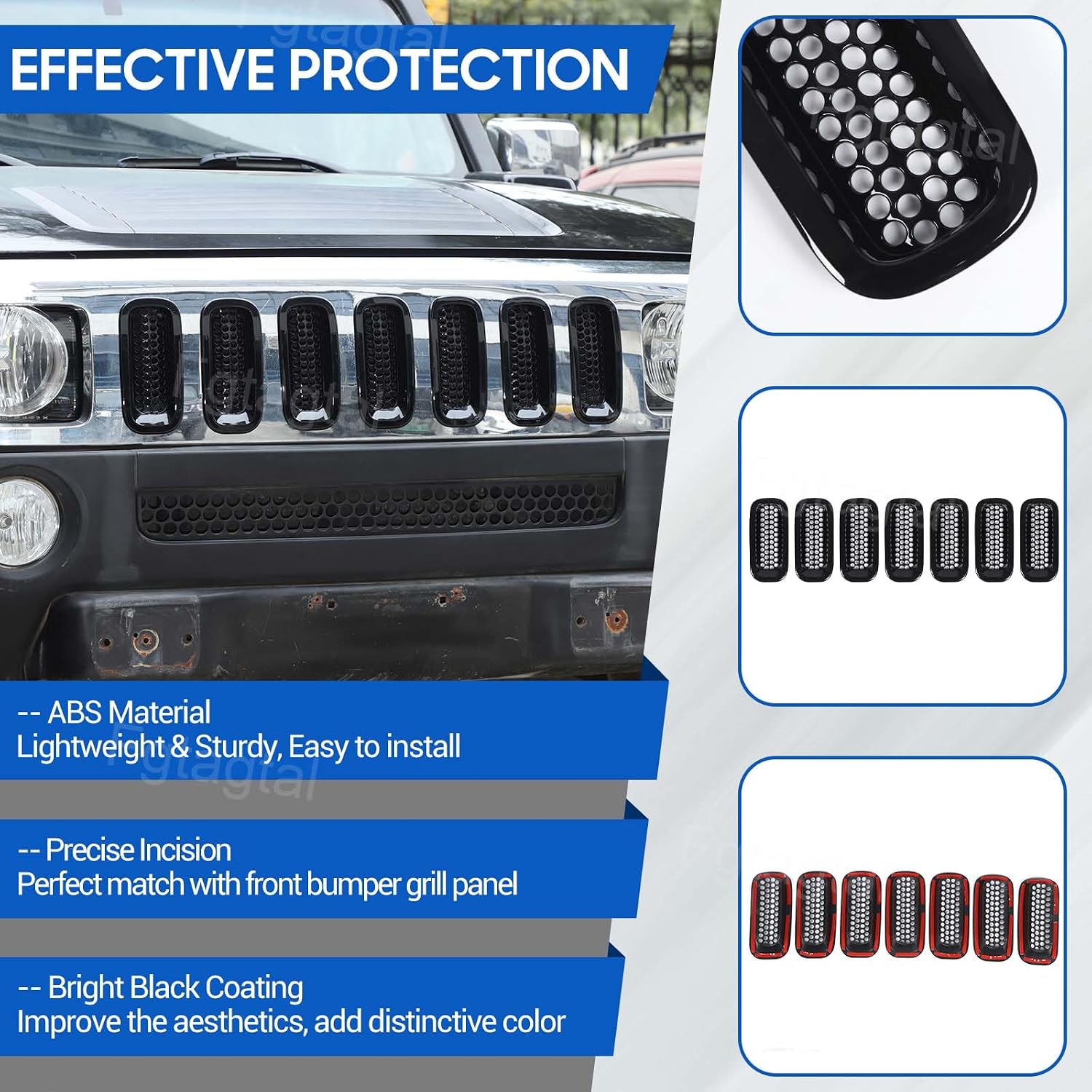Front Bumper Grill Mesh Inserts Compatible with Hummer H3 2005-2009 Honeycomb Mesh Front Grill Inserts Grille Cover Frame Decoration Accessories 7Pcs (Bright Black)