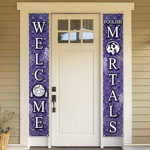 Allenjoy Letrero de puerta de 11.8 x 70.9 pulgadas, 2 unidades de Manison púrpura Welcome Foolish Mortals para puerta de Halloween, casa embrujada,