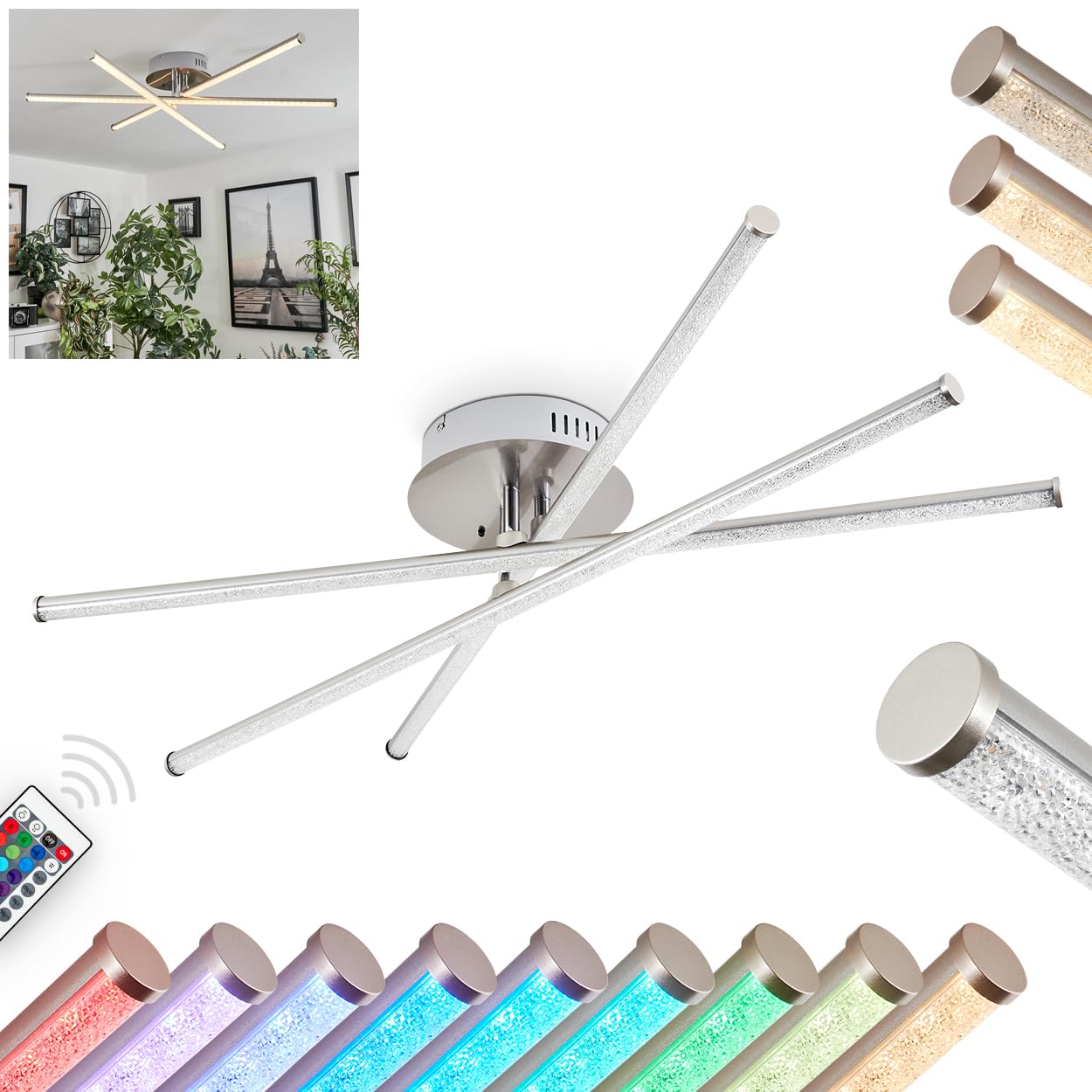 Hofstein White Led Ceiling Lamp Noppa, Dimmable Lamp Made Of Metal/Plastic In Chrome Colour/Nickel Matt/White/Glitter, Adjustable W. Rgb Colour Changer & Remote Control, 3000 Lumen, 3000 Kelvin, 3 X Led 9 Watt