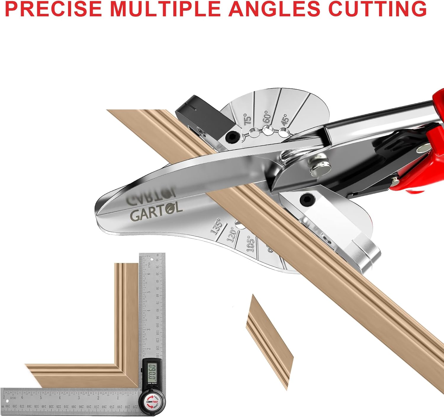 GARTOL Ratchet Miter Shears, Effortless Multi-Angle Cutter for Shoe Moulding & Quarter Round, 45°-135° Adjustable Trim Scissors for Softwood, PVC and Crafting with SK5 Steel Blade & Spare Blade
