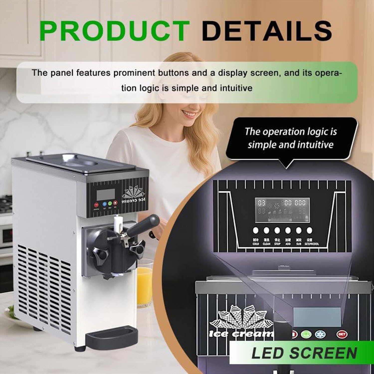 750W/450W Máquina de Helados Soft Heladera Máquina De Helados Comercial con Autolimpieza Panel LCD para Restaurantes Bares Y Cafeterías,Gris
