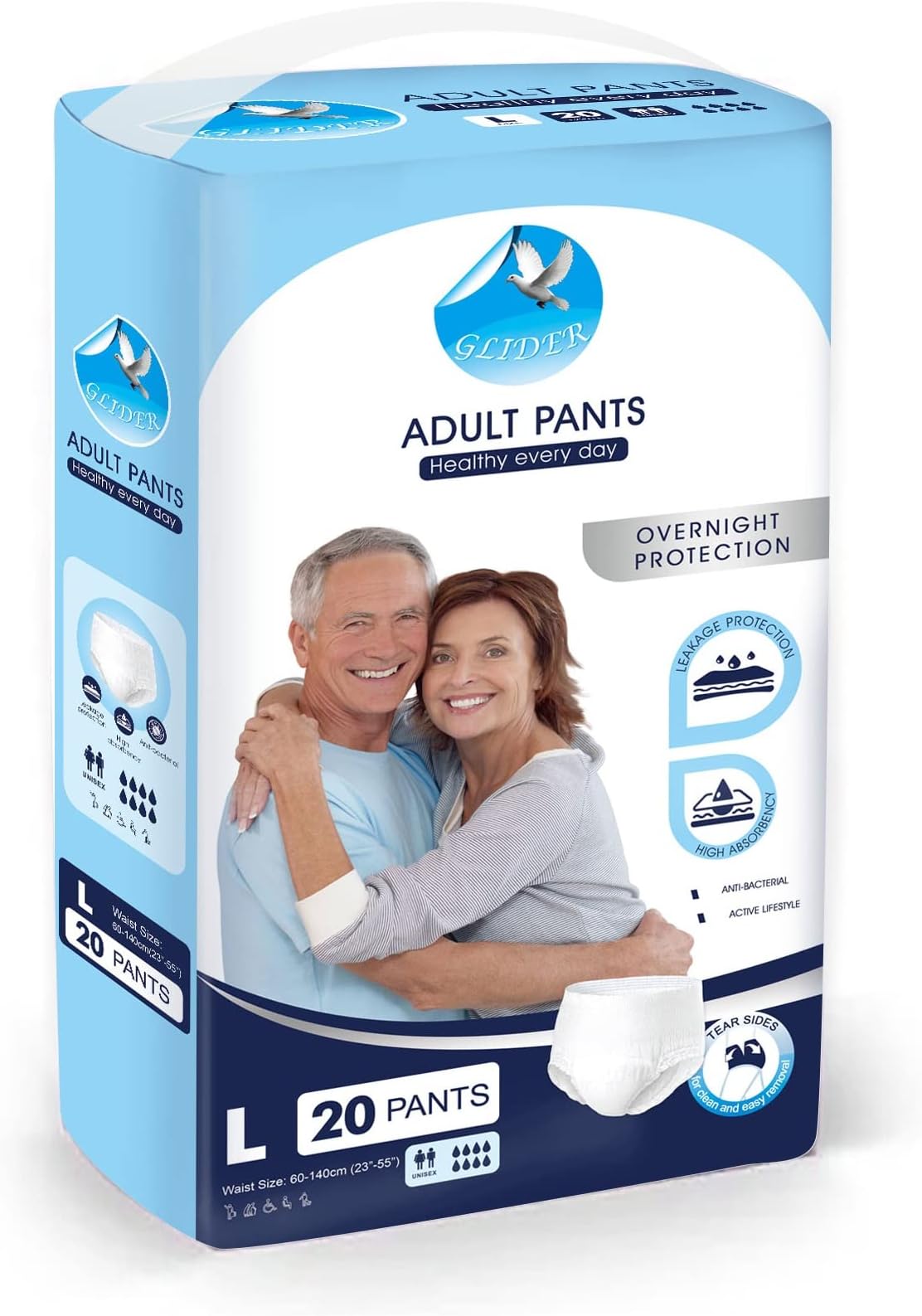 GLIDER Pull Up Pants Adult Diapers L 20 Pcs,Maximum Absorbency with Overnight Protection for Active Men and Women (60-140cm | 23-55 inches)