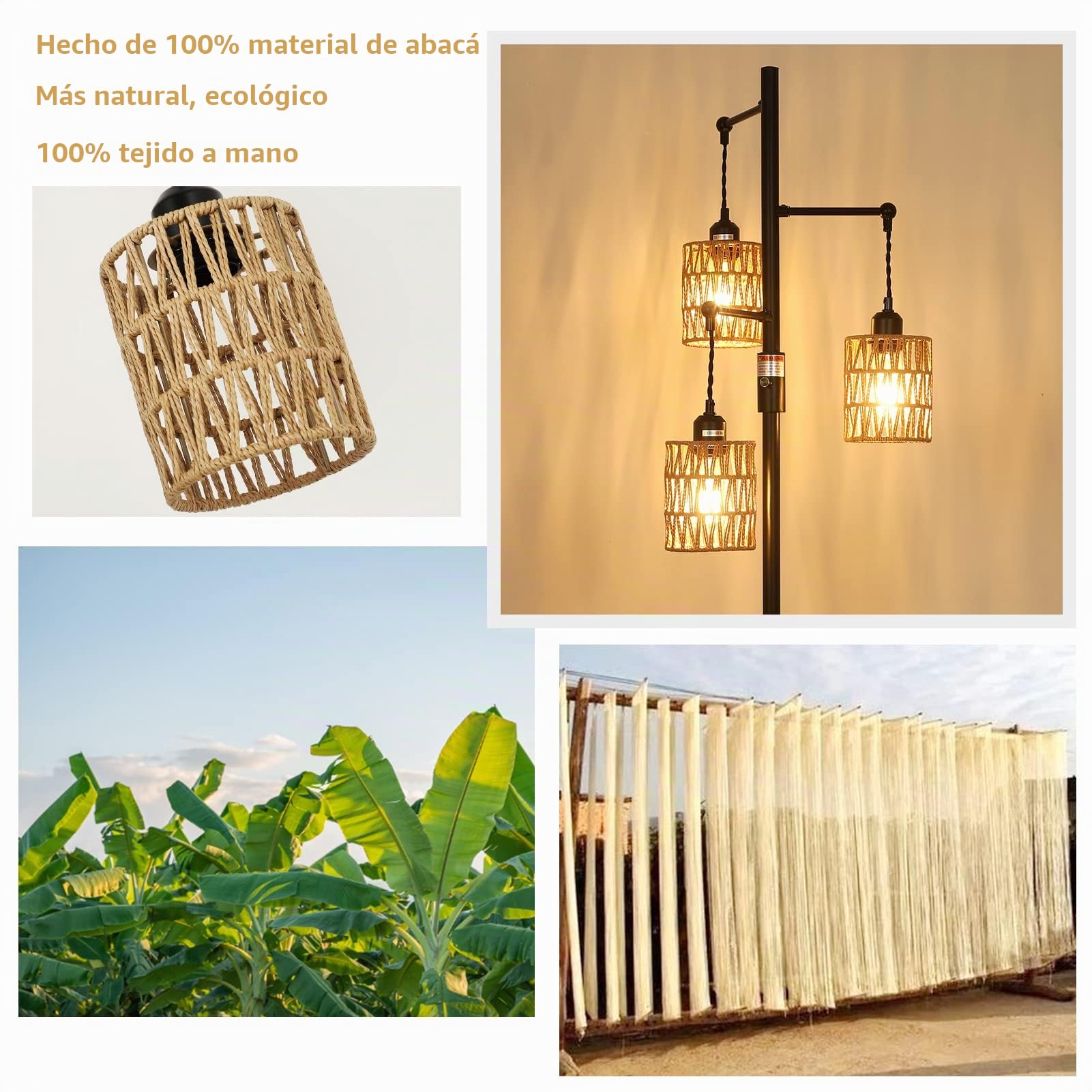 RayoflyLámpara de Pie Regulable con Pantalla de Ratán, 3 Luces con Regulador, Industrial para Salón, Dormitorio, Habitación de Niños, Altura 165cm