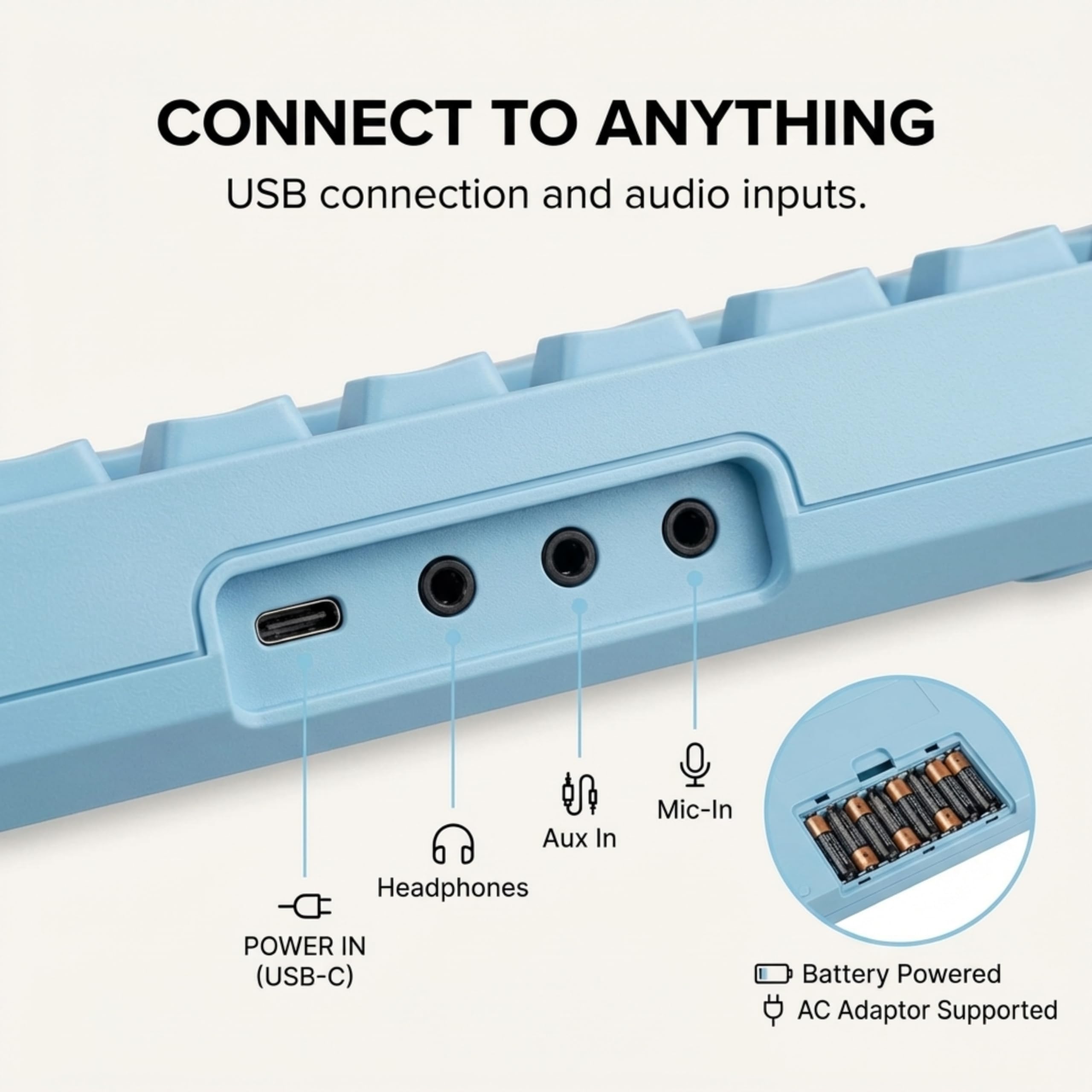 RockJam RJ490BB Mini Tastiera Pianoforte 49 Tasti, Sintetizzatore Elettronico Portatile Azzurro con USB-C, Altoparlanti, Jack Cuffie, 200 Suoni e Ritmi