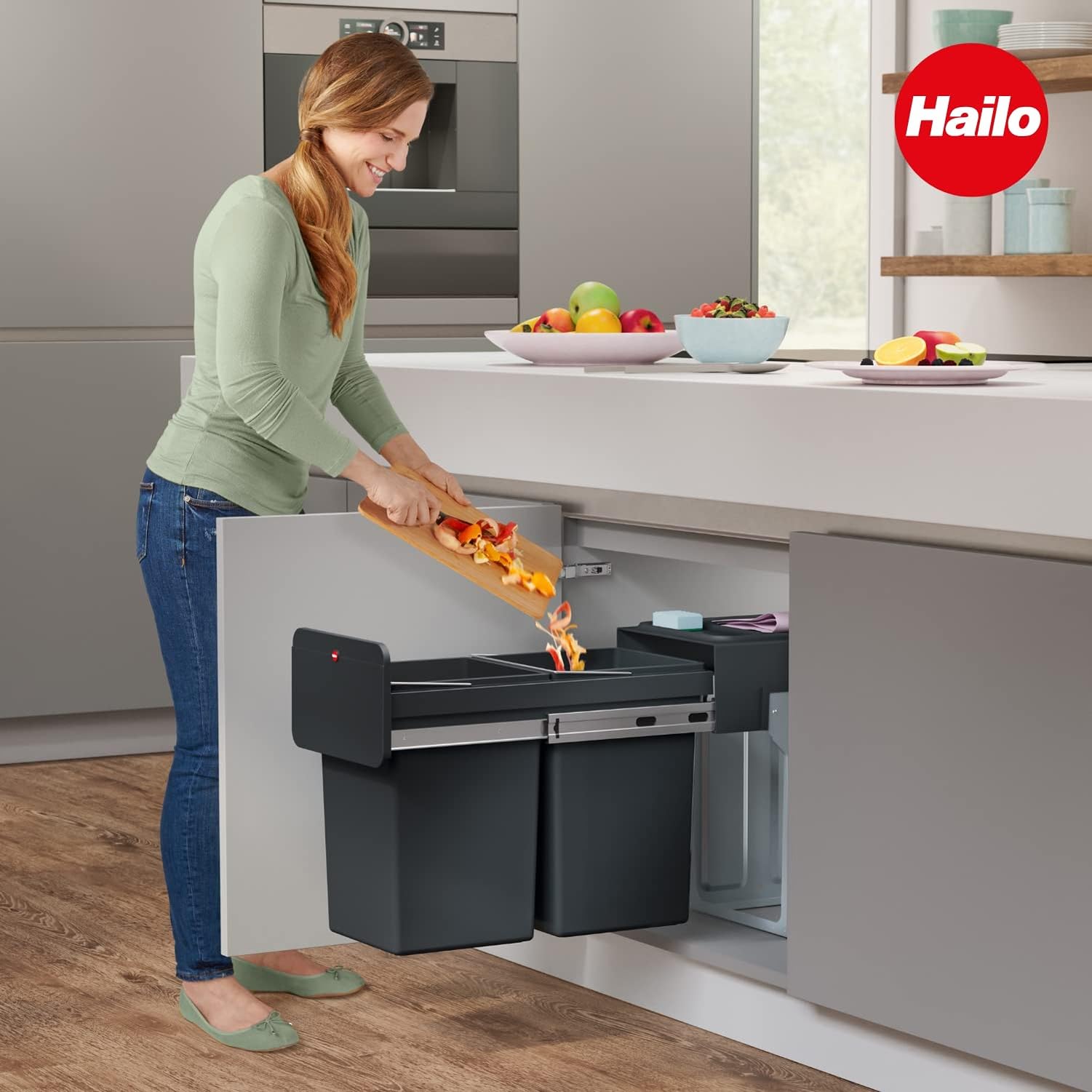Hailo EcoLine Design Duo L Einbau-Mülltrennungs-System 2x14 Liter - Duo-Mülleimer mit Vollauszug - Stahlblech - schwarz - ab 30 cm Schrankbreite