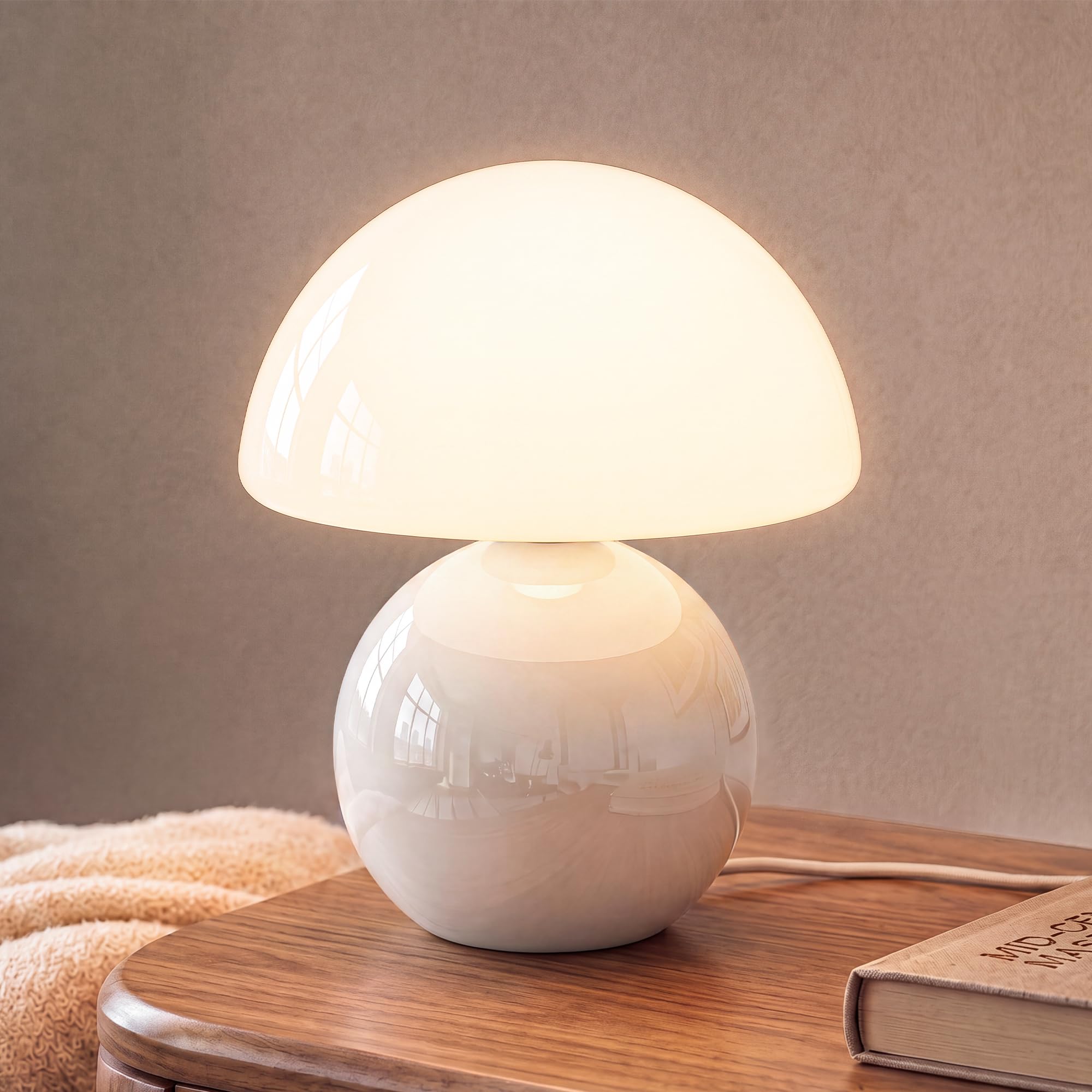 Dawnwake Lampada Da Tavolo Comodino, Lampada Da Scrivania LED Dimmerabile, Abat Jour in Vetro a Forma Di Fungo Con Base in Ceramica, Nightstand Glass Lamp for Bedroom (Bianco)