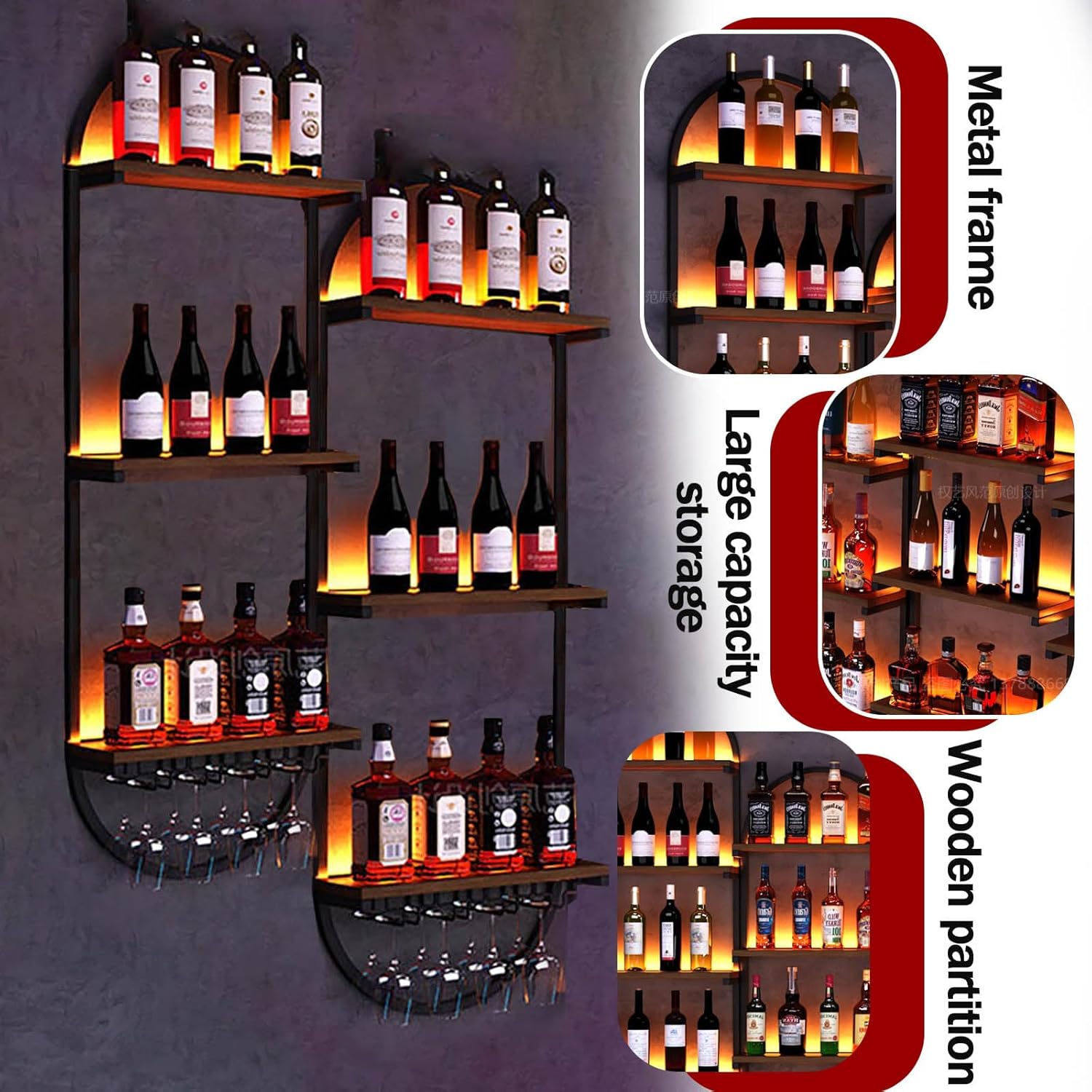 Wall Wine Rack, DIY Wood Bottles Storage Wine Rack for Wall, 3-Tiers Liquor Floating Shelves, for Kitchen, Dining Room, Bar, Wine Cellar (Black, 2PCS)