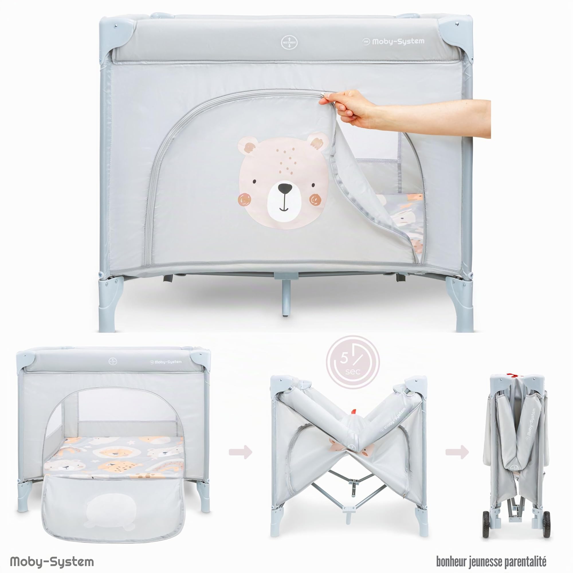 Moby-System Parc Bébé avec Matelas et Sac de Transport - Lit Parapluie Pliable, Roues Verrouillables, Cadre Stable - Motif Ours en Peluche - 97 x 100 x 77 cm (3 Articles)