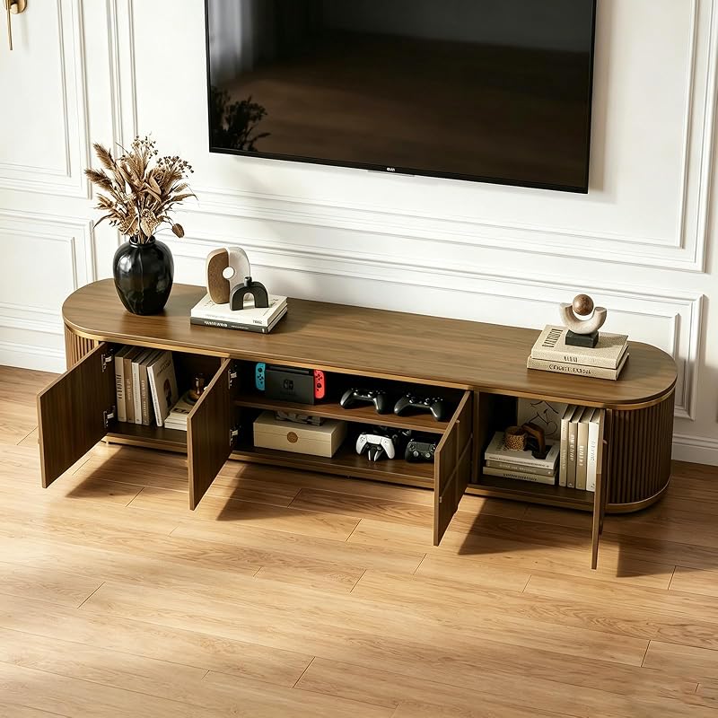 AUZ 78” Fully Assembled Walnut TV Stand with Storage and Gold Fluted Base image 2