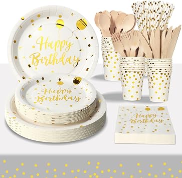 White and Gold Birthday Tableware Set, 193-piece Set, Serves 24