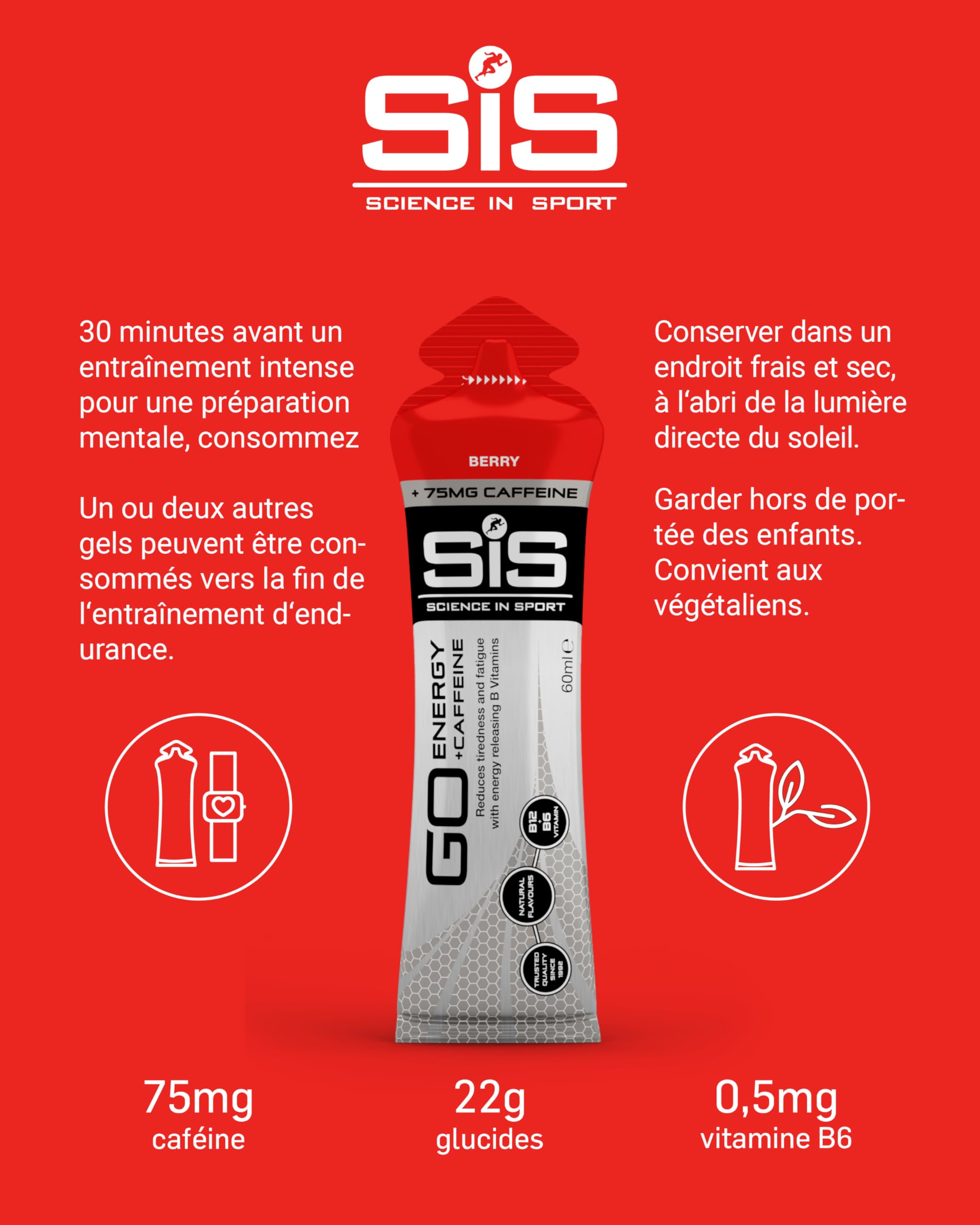 Science in Sport GO Energy Gel + Caféine Gel 30 x 60ml Fruits rouges, Vegan - Gel avec 75mg de caféine & 22g de glucides, énergie pour sportifs d’endurance