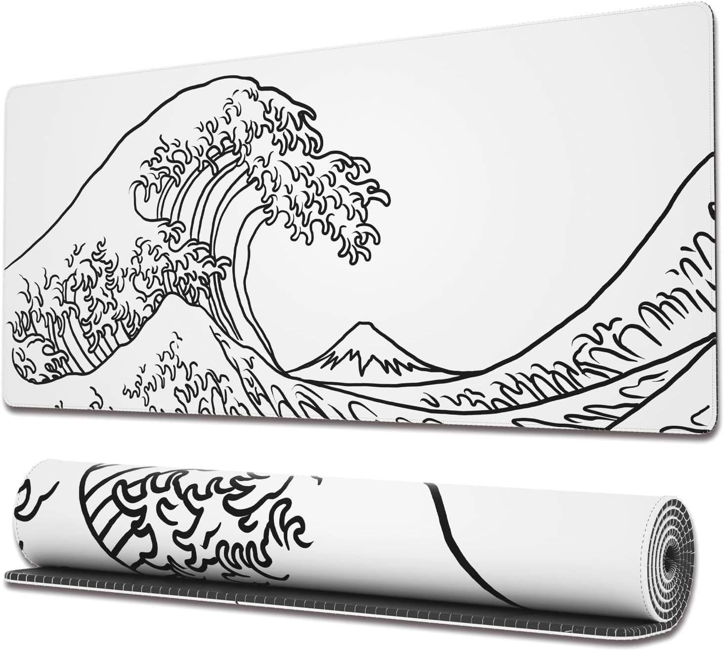 Ovenbird Gaming Mouse Pad with Stitched Edges, Japanese Wave White, Extended XL, Anti-Slip Base, Cool Large, 31.5 x 11.8 in, White