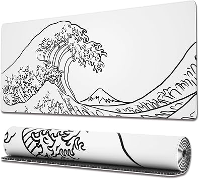 Ovenbird Gaming Mouse Pad with Stitched Edges, Japanese Wave White Extended XL Mousepad with Anti-Slip Base, Cool Large Mouse Pad for Desk, 31.5 x 11.8 in, White