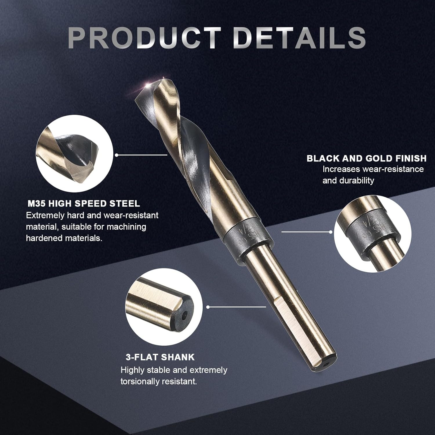 uxcell 3Pcs 3/4" Drill Bit 1/2" Reduced Shank M35 Cobalt 5% High-Speed Steel Twist Black and Gold Finish 135° Drill for High Hardness Materials