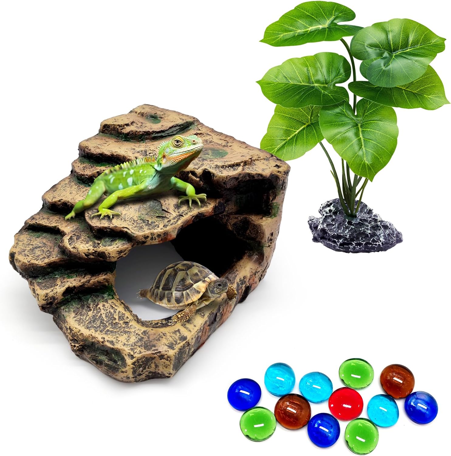 GOZILLA Turtle Basking Platform Kit, Reptile Habitat Hideout, Decorative Resin for Aquarium & Terrarium, Including Artificial Plant*2.(Black-M-Kit)