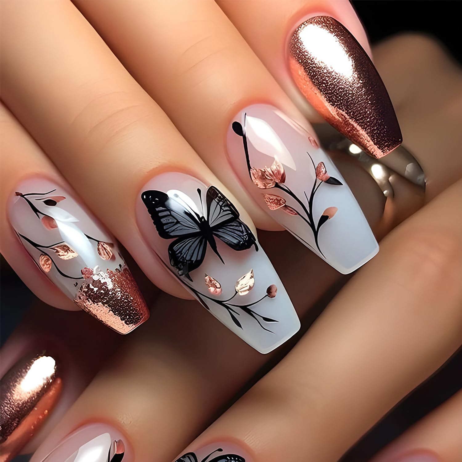 Butterfly Press on Nails Medium Ballet Shaped Fake Nails Rose Gold Glitter Powder Design Coffin Nails Full Cover Artificial Stick on Nails Glossy