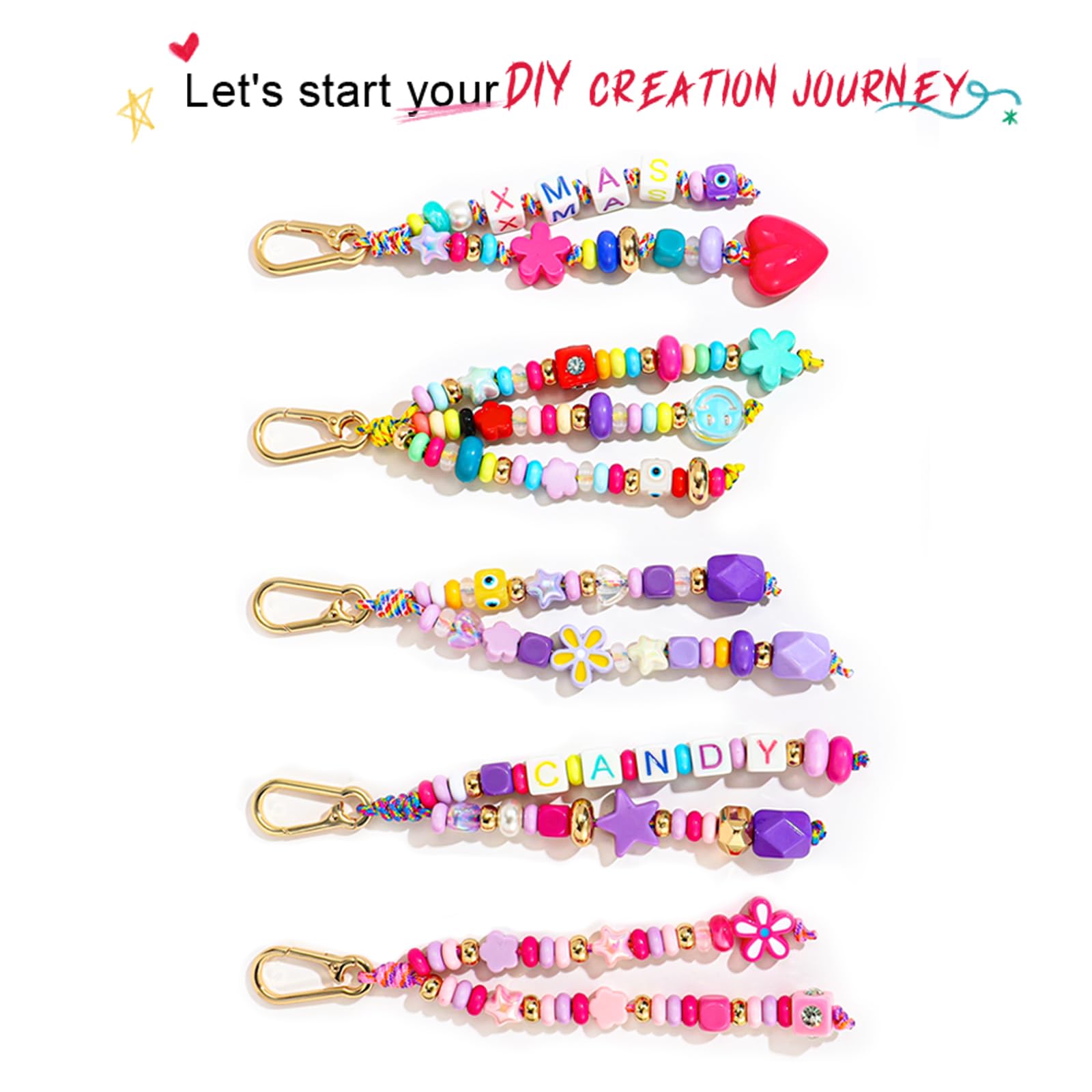 HolidayQbee Kit Perles DIY pour Bijou de Sac et Porteclef - Matériaux Complets avec Perles Formes Coeur/Fleur/Smiley + Lettres Alphabetiques - Accessoire de Sac Personnalisable