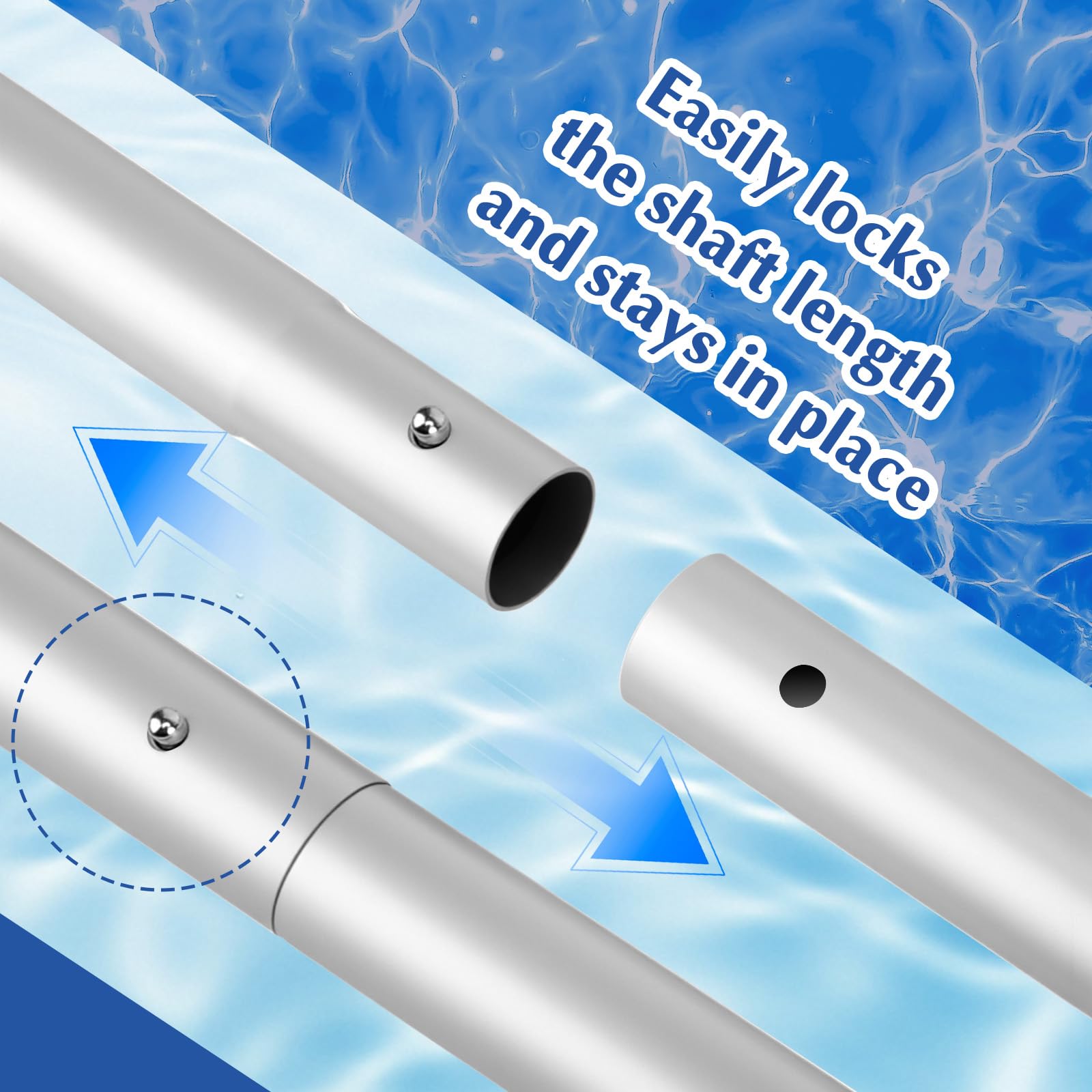 Asta telescopica per piscina in alluminio, clip EZ regolabile, 5 pezzi, pulizia della piscina (argento)