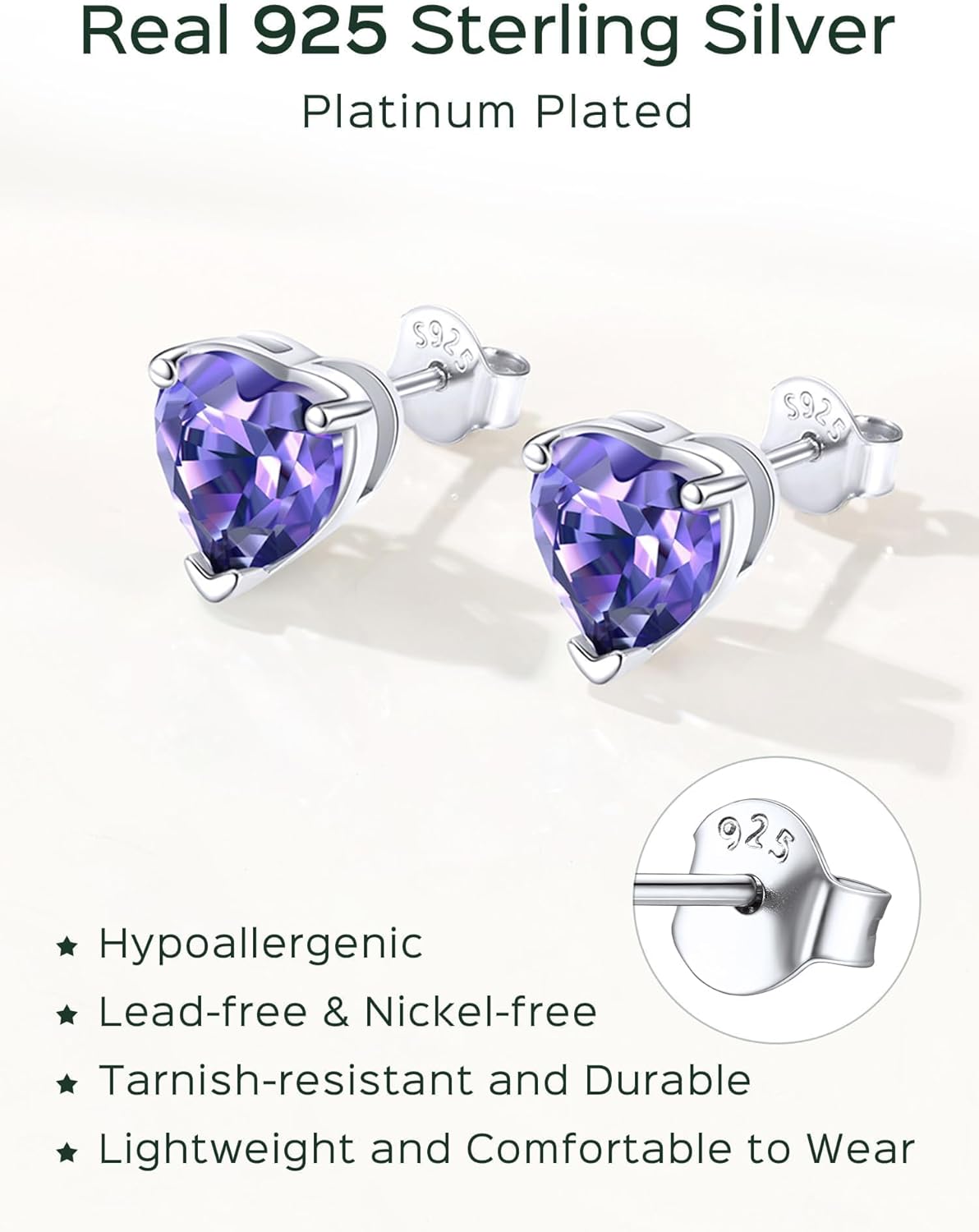 ChicSilver 925 Sterling Silver Birthstone Earrings for Women, 8MM/2 Carat Heart, Round & Princess Cut CZ Stud Earrings, Hypoallergenic Jewelry, Ideal Birthday or Christmas Gifts - Image 4