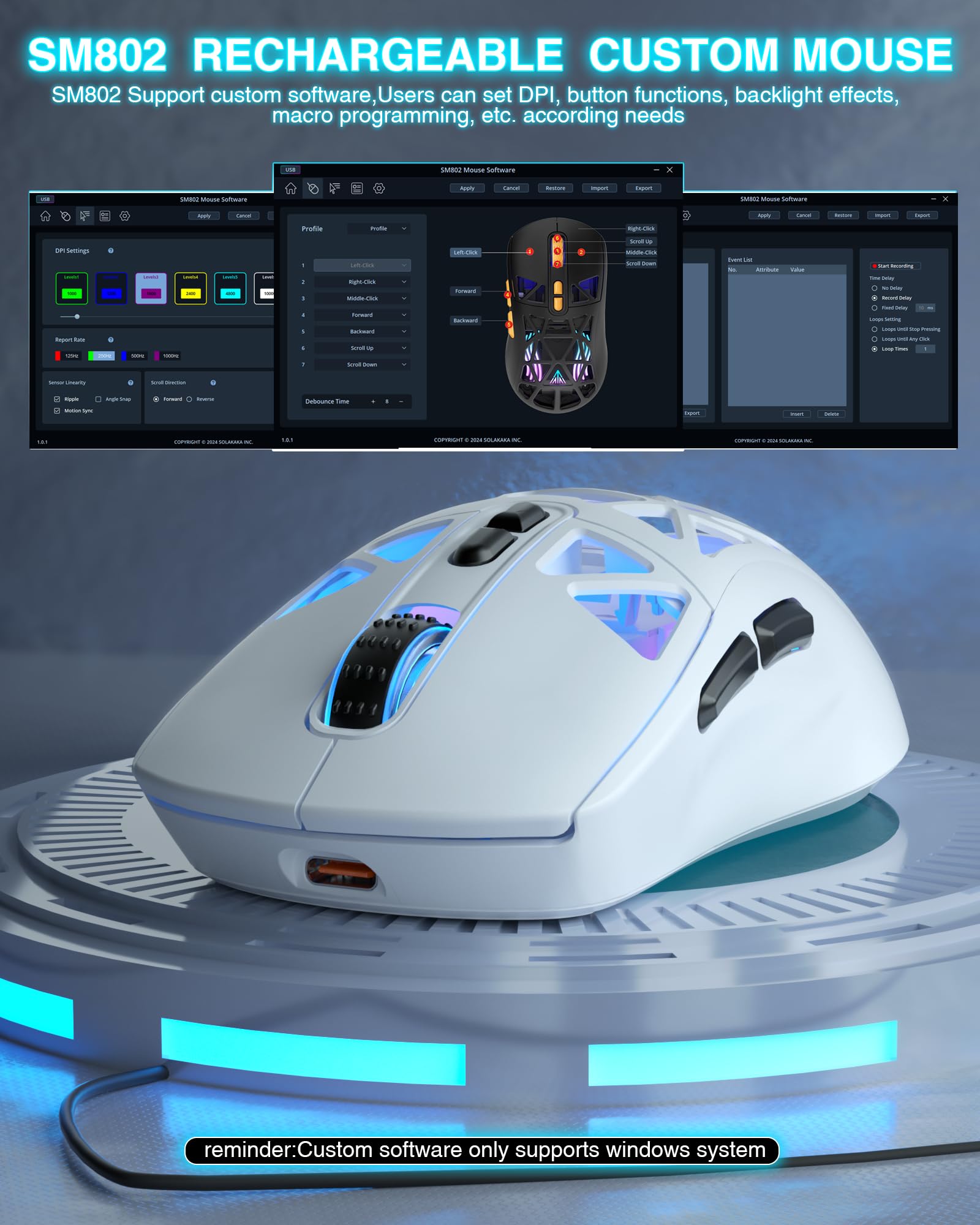 SOLAKAKA SM802 - Ratón inalámbrico blanco para juegos, 10000 DPI, Tri-Mode Wired/BT 5.0/2.4GHz Ratón inalámbrico para juegos con botón lateral, mouse macro programable RGB para laptop