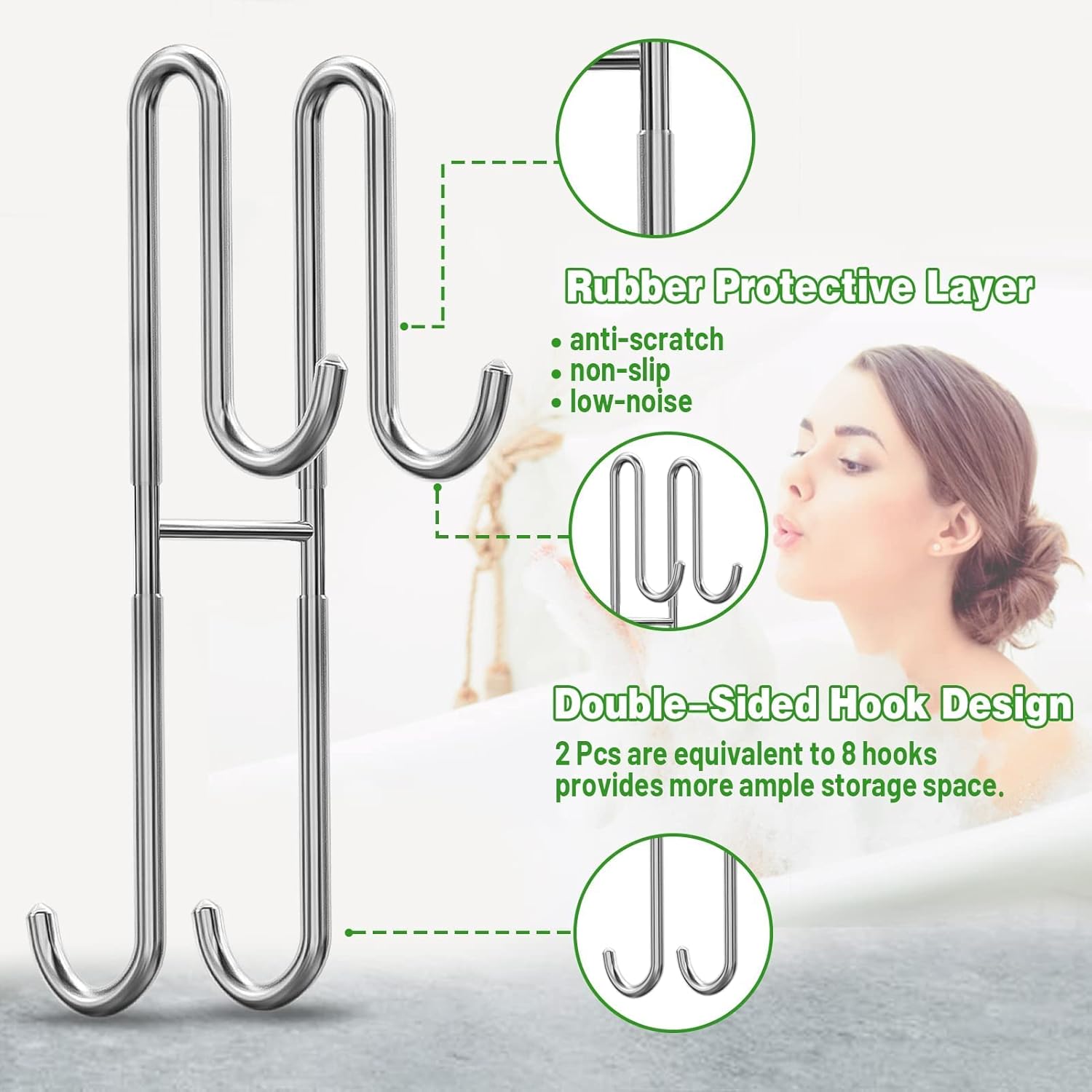 Cerbonny Shower Door Hooks, 2 Pack Extended Double Towel Hooks for Bathroom Frameless Glass Shower Door, Heavy Duty Stainless Steel Bathroom Hanger Without Perforation