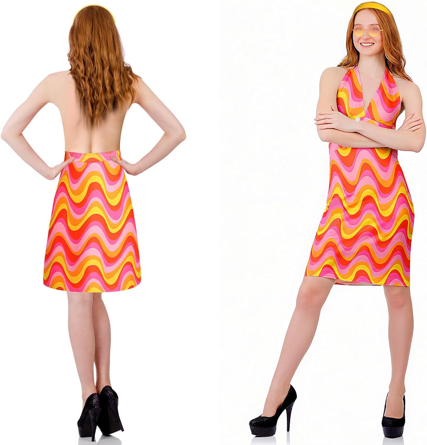 SATINIOR 4 Pcs 60s 70s Women's Hippie Costume Retro Disco Outfit Groovy Earring Headband Dress Sunglasses for Halloween Party - Image 6