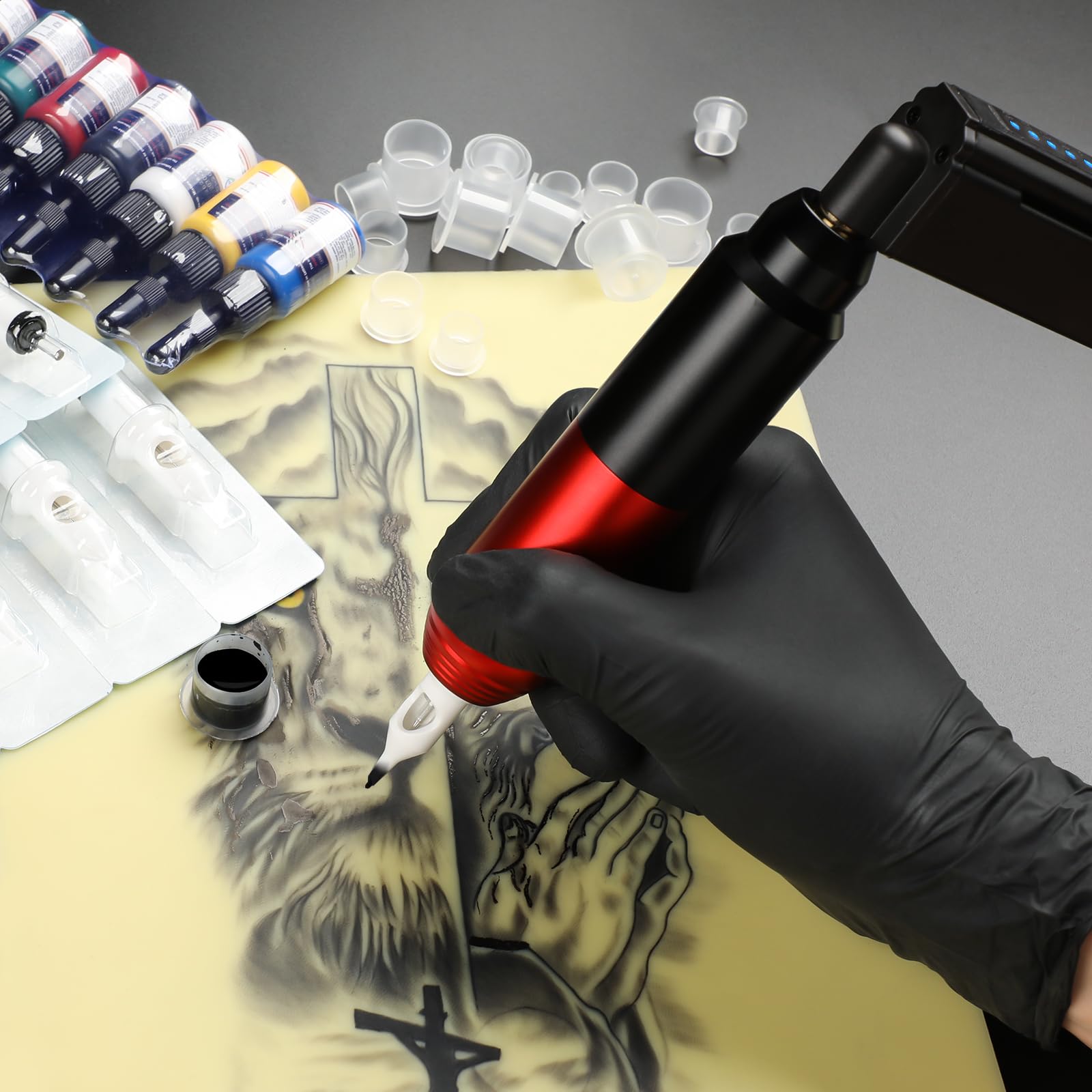 Solong Kit de Máquina de Tatuar SLP51KITEU-2 con 10 Cartuchos de Agujas, 7 Botellas de Tinta y Fuente de Alimentación de 1500mAh